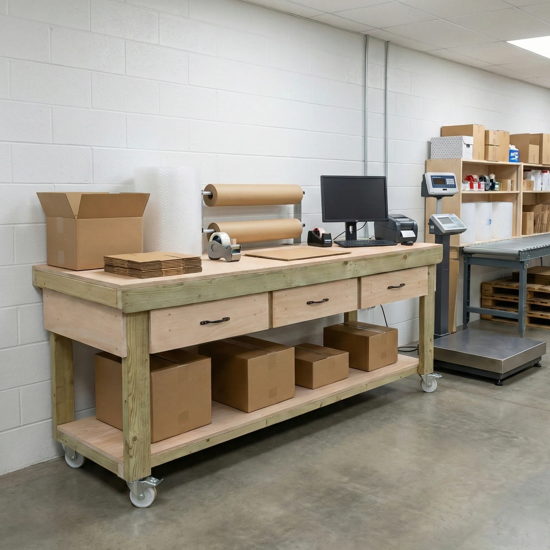 Wooden Eucalyptus hardwood workbench, tool cabinet with drawer (V.1) with wheels - Image 7