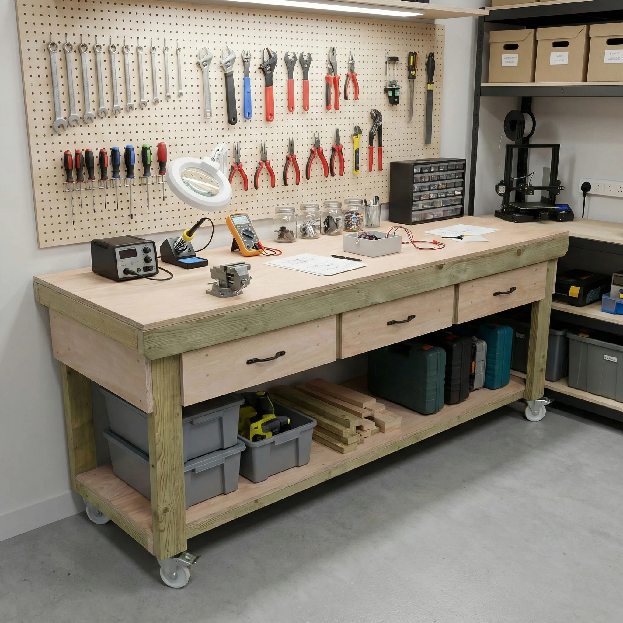 Wooden Eucalyptus hardwood workbench, tool cabinet with drawer (V.1) with wheels - Image 9