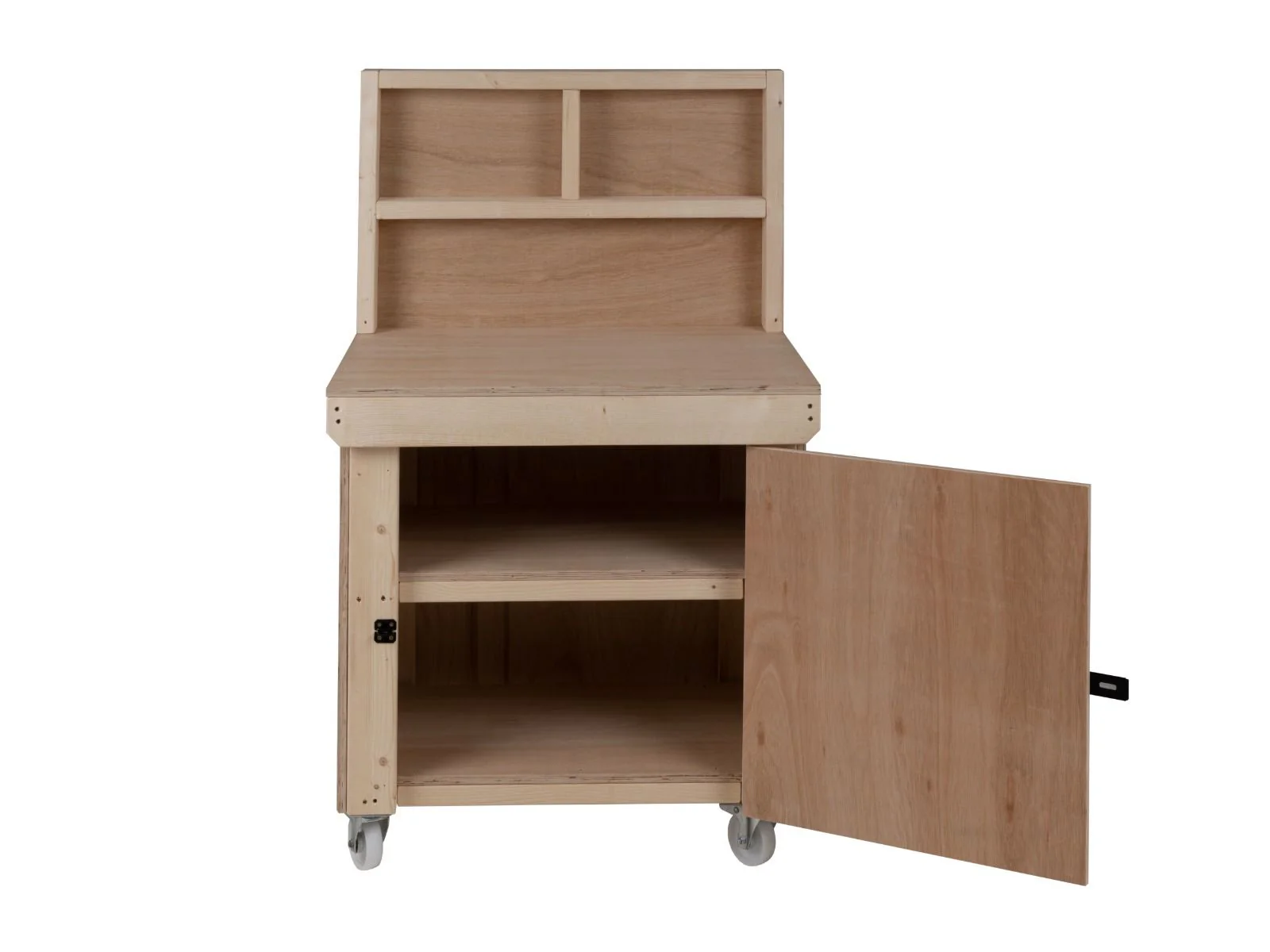 Wooden Eucalyptus hardwood workbench with lockable cupboard (V.9) with back panel, double shelf, wheels - Image 5