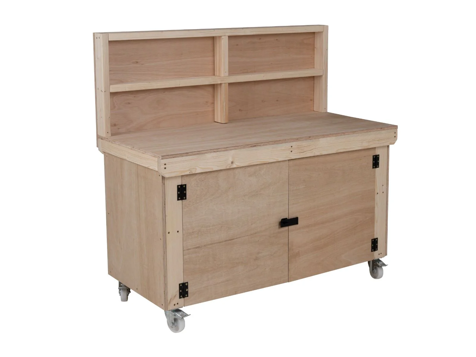 Wooden Eucalyptus hardwood workbench with lockable cupboard (V.9) with back panel, double shelf, wheels - Image 8