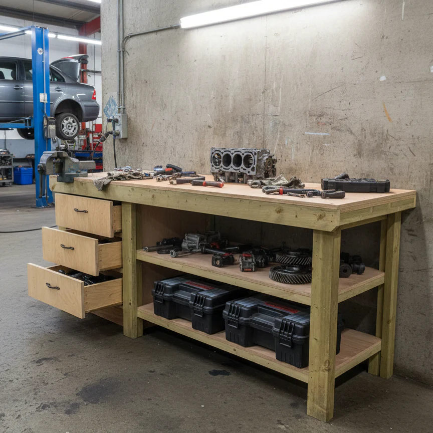 Wooden Eucalyptus top tool cabinet workbench with storage shelf (V.7) with double shelf - Image 3