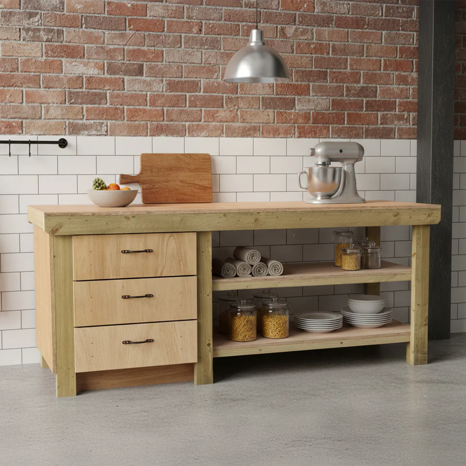 Wooden Eucalyptus top tool cabinet workbench with storage shelf (V.7) with double shelf - Image 4