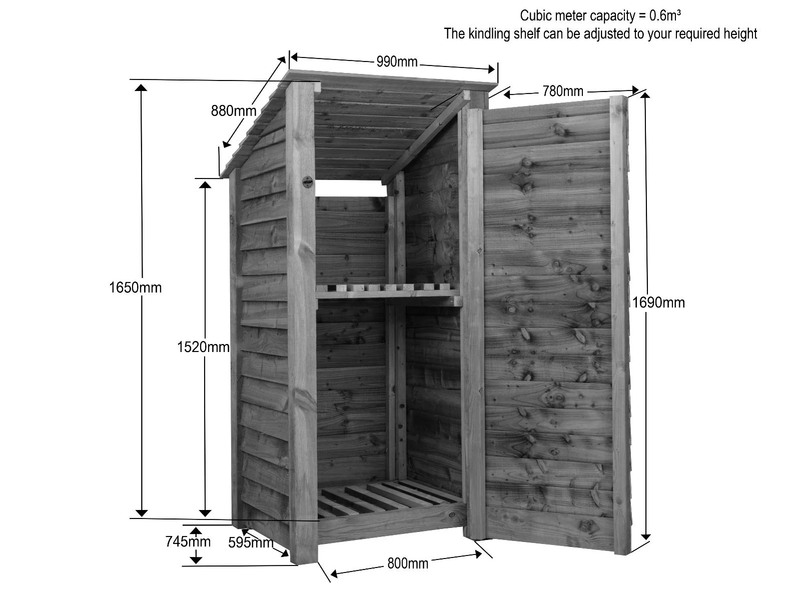 Wooden Garden Tool Storage with Shelf (Roof Sloping Back) W-99cm, H-126cm or 180cm, D-88cm - Brown Finish - Image 3