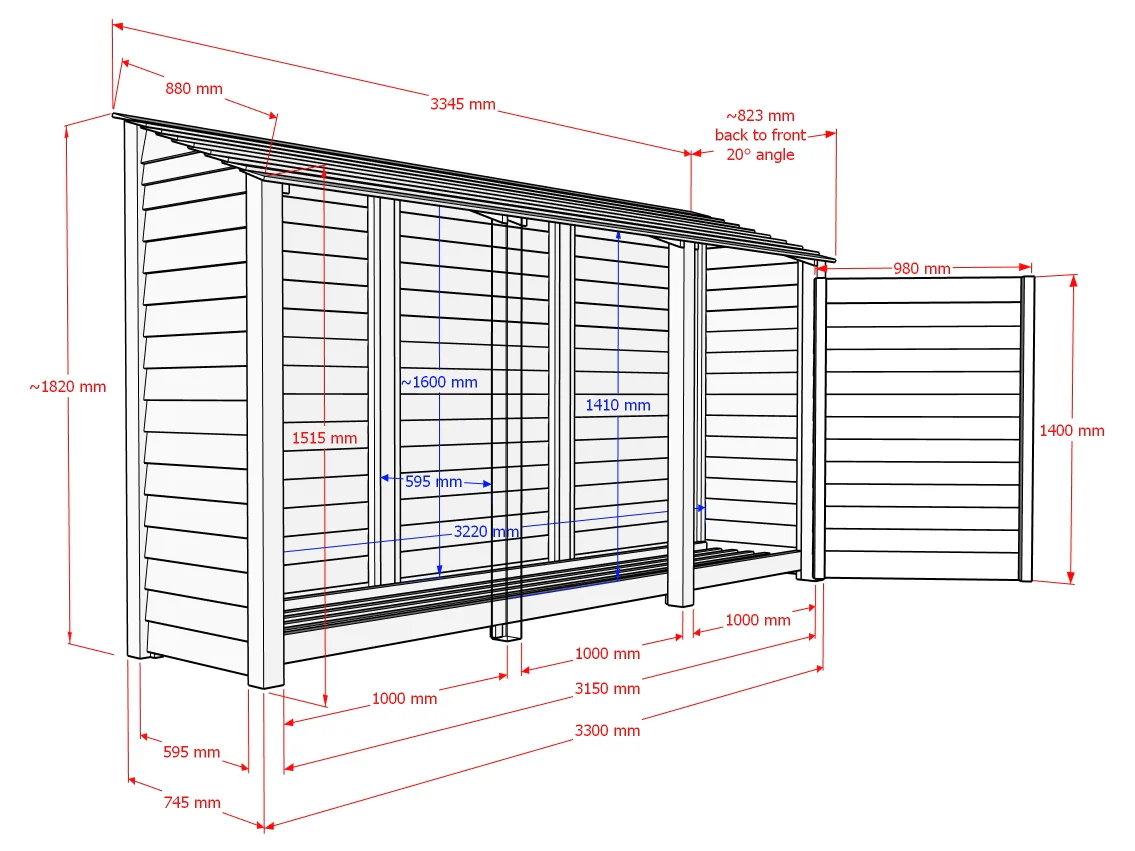 Wooden Garden Tool Storage with Shelf W-335cm, H-126cm or 180cm, D-88cm - Image 6