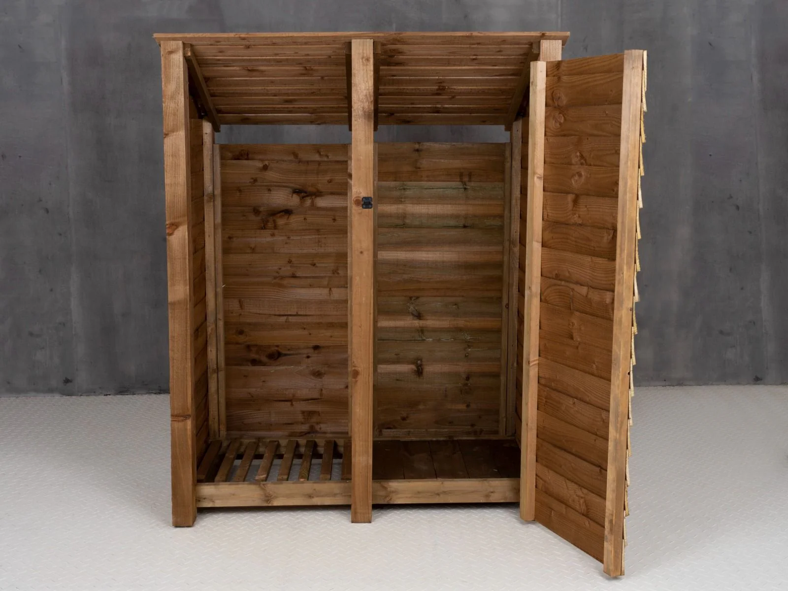 Wooden Garden Tool Storage (Roof Sloping Back) W-146cm, H-126cm or 180cm, D-88cm - Brown Finish - Image 4