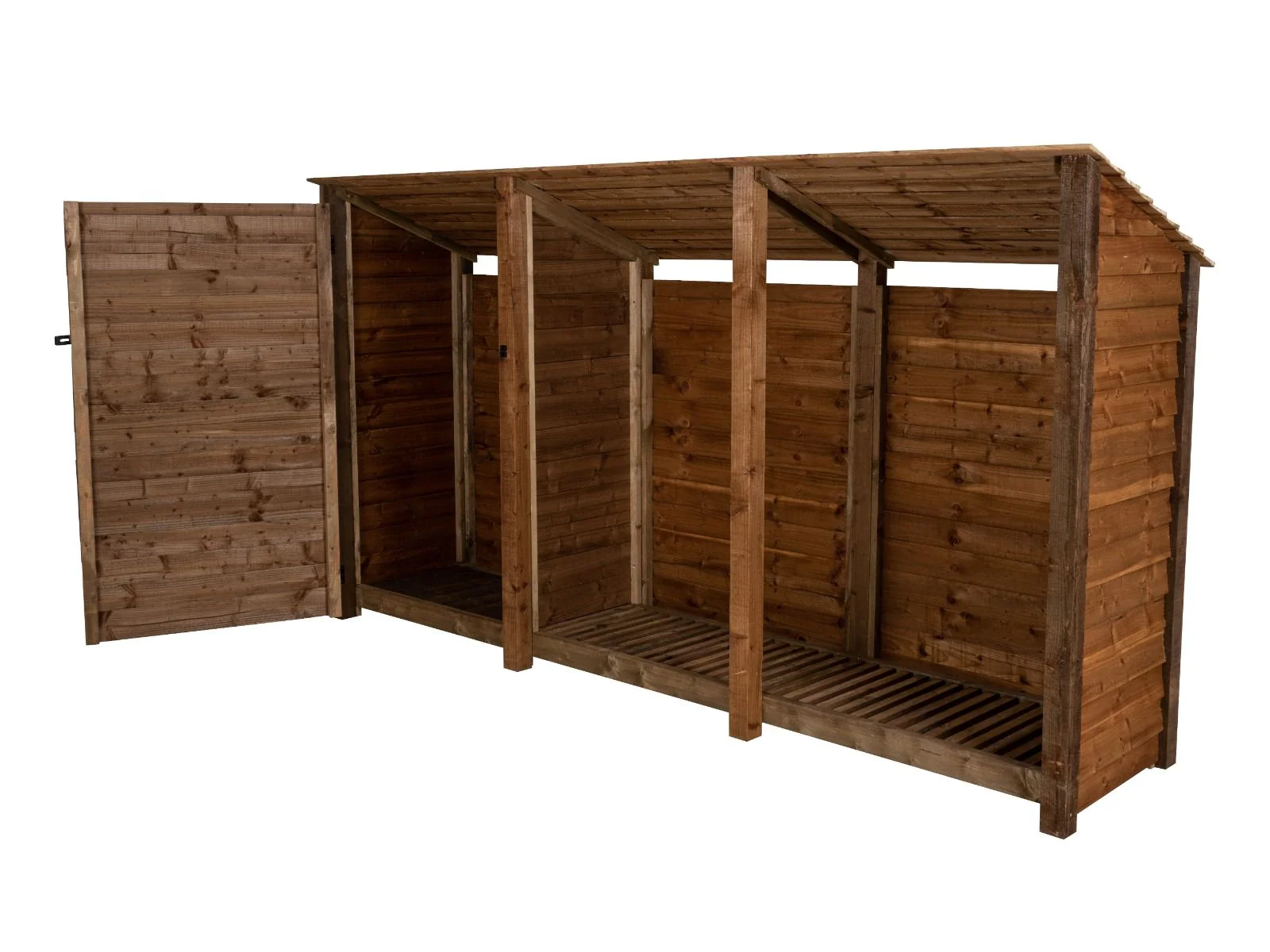 Wooden Garden Tool Storage (Roof Sloping Back) W-335cm, H-126cm or 180cm, D-88cm - Brown Finish - Image 4