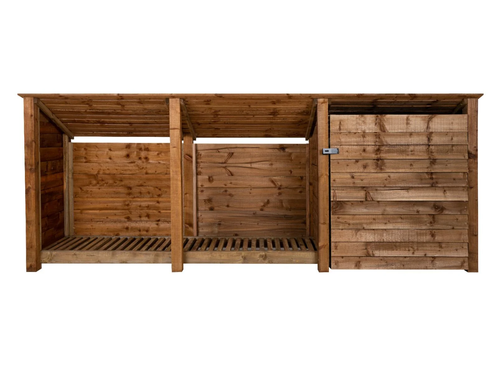 Wooden Garden Tool Storage (Roof Sloping Back) W-335cm, H-126cm or 180cm, D-88cm - Brown Finish - Image 5