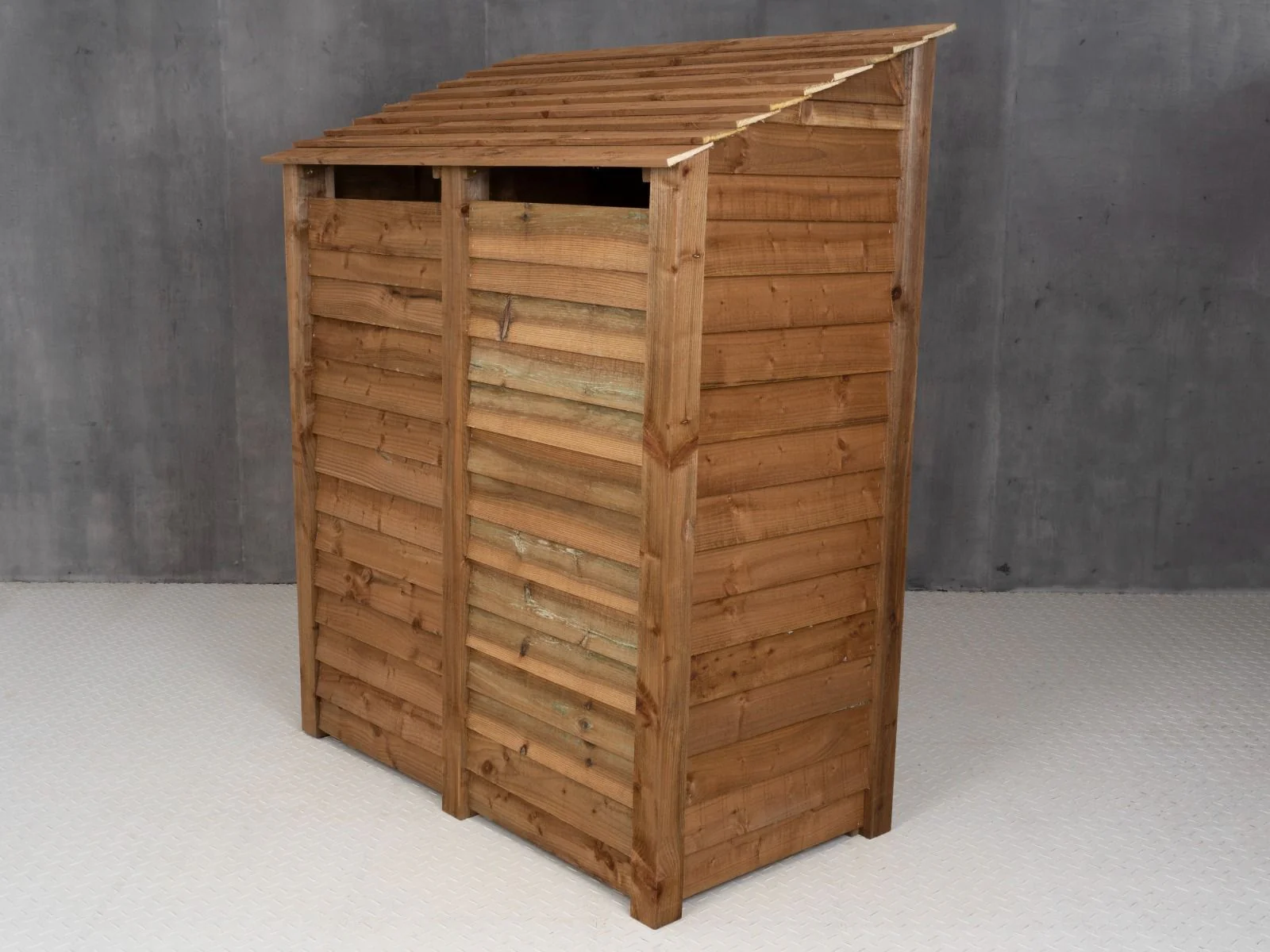 Wooden Garden Tool Storage (Roof Sloping Back) with Shelf W-146cm, H-126cm or 180cm, D-88cm - Brown Finish - Image 3
