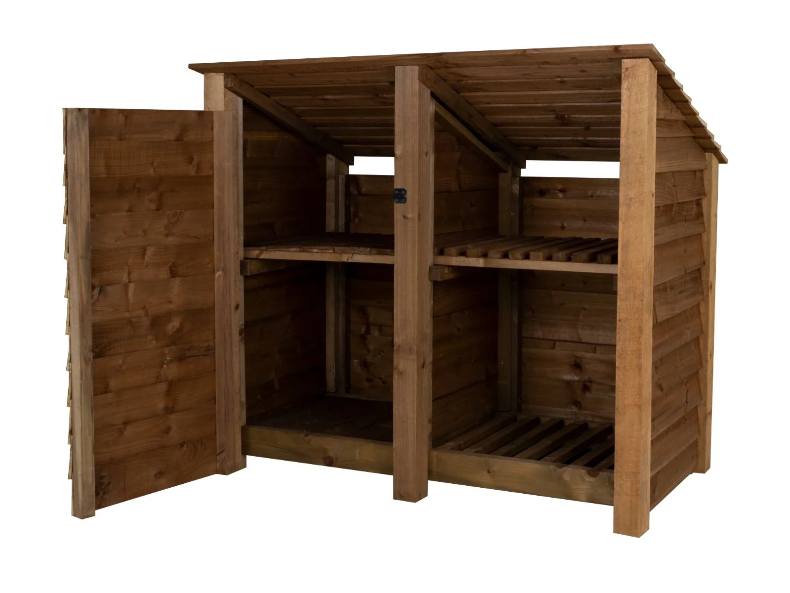 Wooden Garden Tool Storage (Roof Sloping Back) with Shelf W-146cm, H-126cm or 180cm, D-88cm - Brown Finish - Image 5