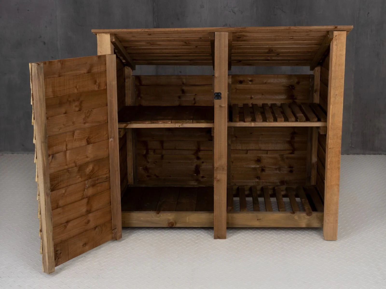 Wooden Garden Tool Storage (Roof Sloping Back) with Shelf W-146cm, H-126cm or 180cm, D-88cm - Brown Finish - Image 6
