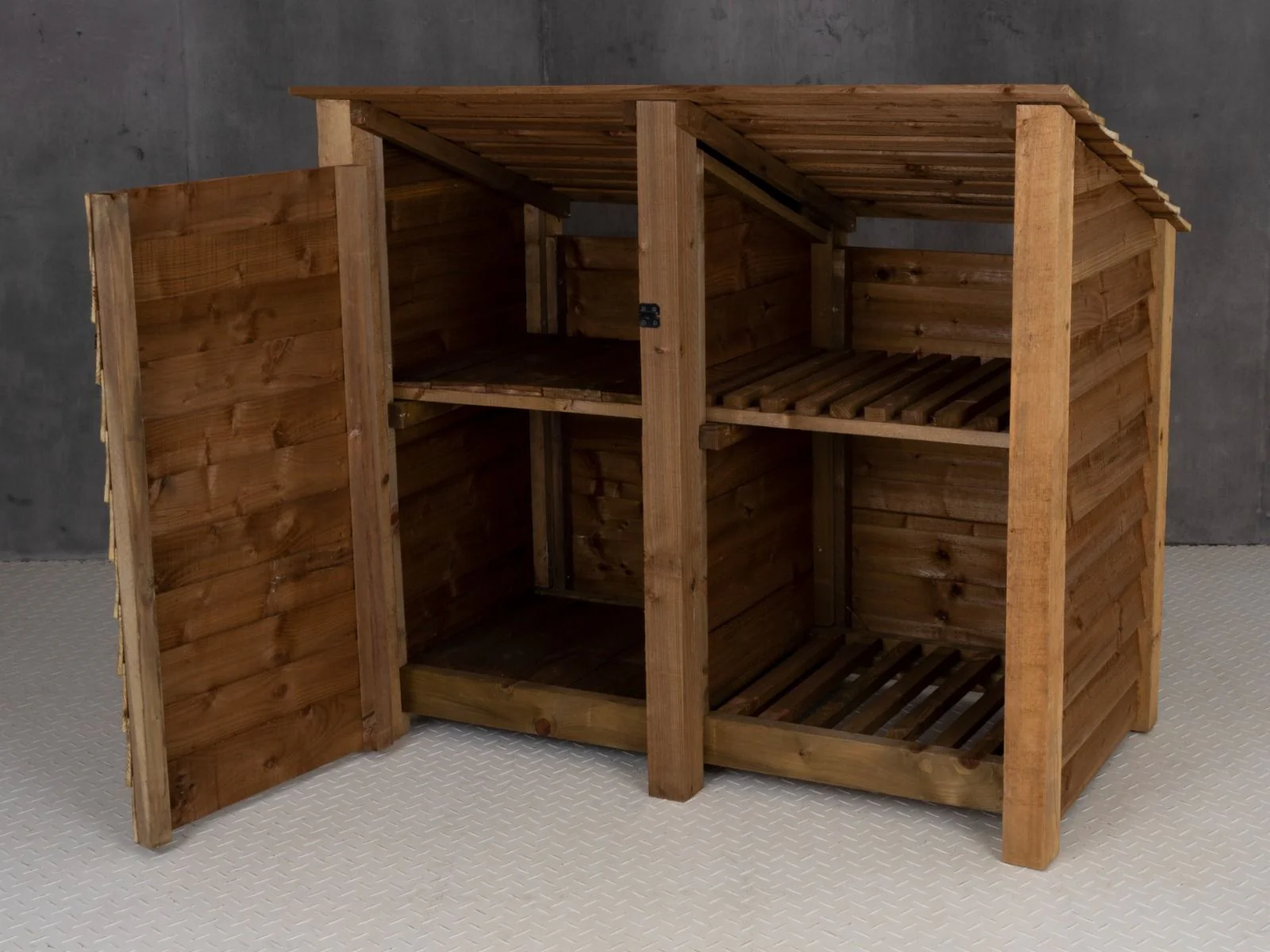 Wooden Garden Tool Storage (Roof Sloping Back) with Shelf W-146cm, H-126cm or 180cm, D-88cm - Brown Finish - Image 7