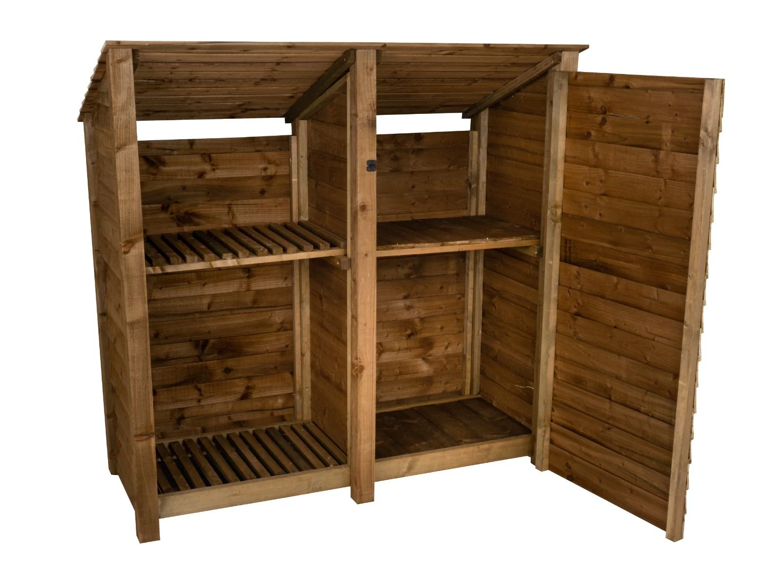 Wooden Garden Tool Storage (Roof Sloping Back) with Shelf W-187cm, H-126cm or 180cm, D-88cm - Brown Finish - Image 3