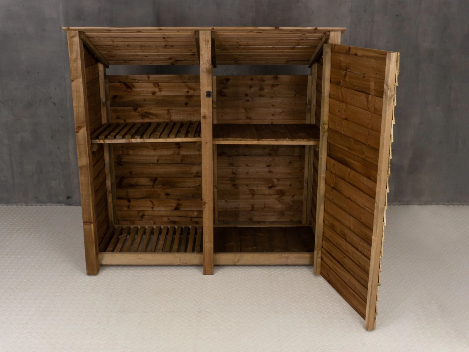 Wooden Garden Tool Storage (Roof Sloping Back) with Shelf W-187cm, H-126cm or 180cm, D-88cm - Brown Finish - Image 4