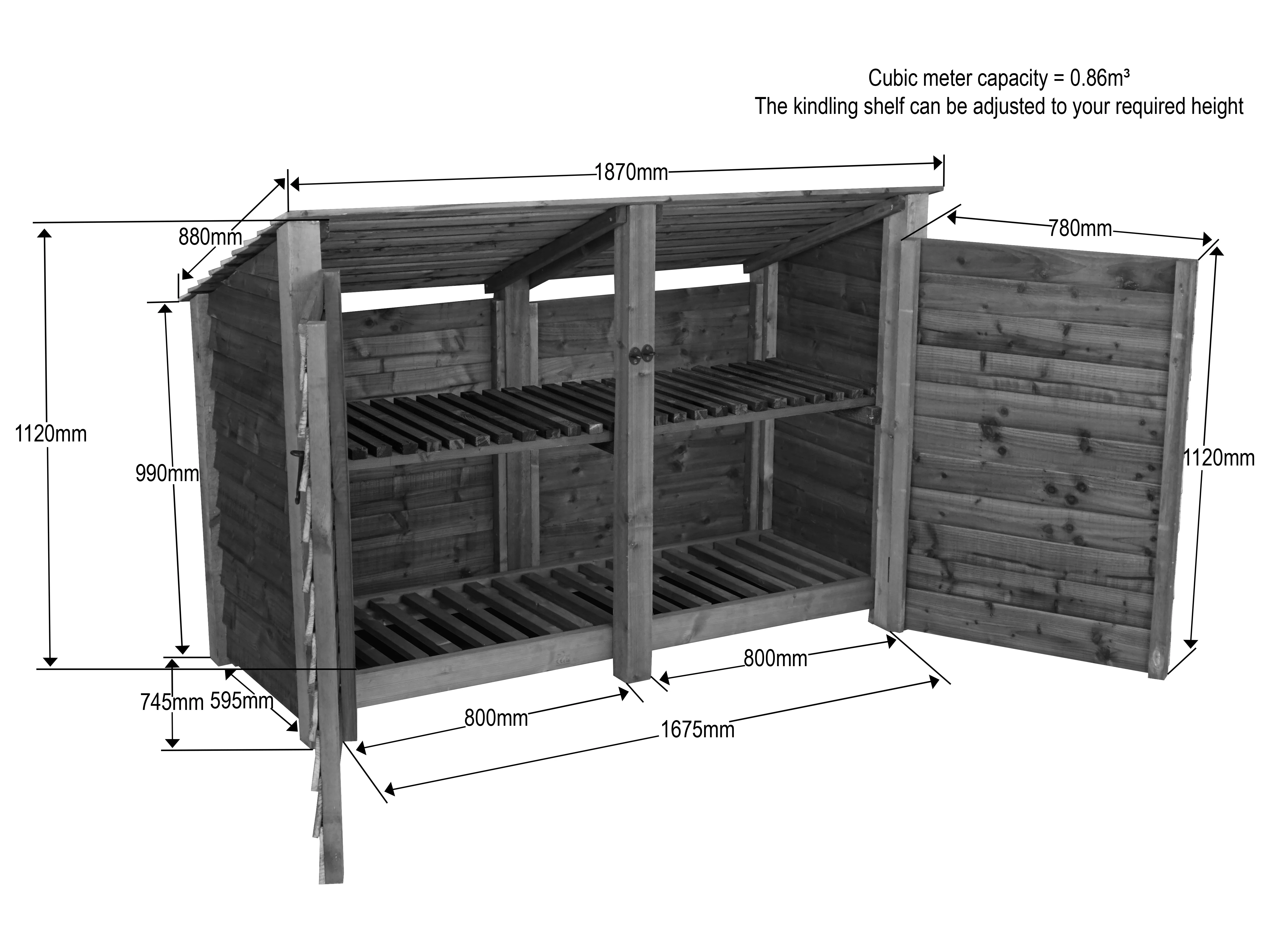 Wooden Garden Tool Storage (Roof Sloping Back) with Shelf W-187cm, H-126cm or 180cm, D-88cm - Brown Finish - Image 9