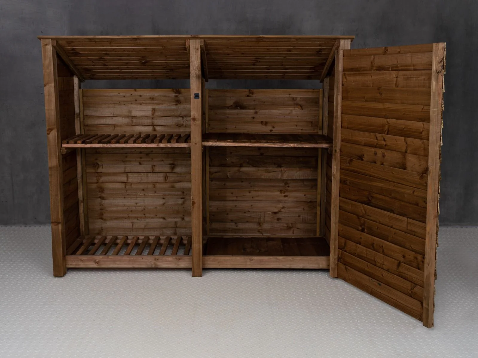 Wooden Garden Tool Storage (Roof Sloping Back) with Shelf W-227cm, H-126cm or 180cm, D-88cm - Brown Finish - Image 3