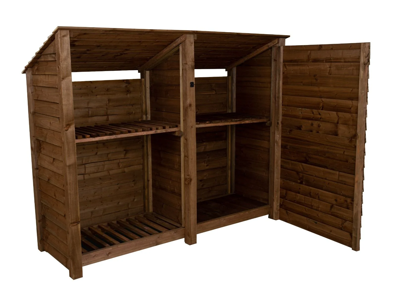 Wooden Garden Tool Storage (Roof Sloping Back) with Shelf W-227cm, H-126cm or 180cm, D-88cm - Brown Finish - Image 4