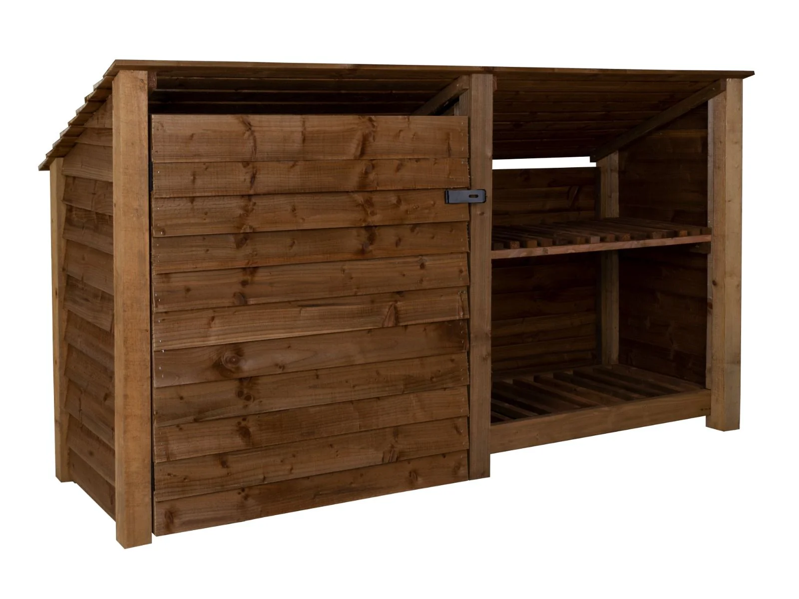 Wooden Garden Tool Storage (Roof Sloping Back) with Shelf W-227cm, H-126cm or 180cm, D-88cm - Brown Finish - Image 5