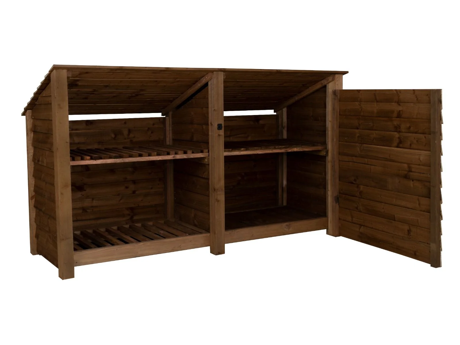Wooden Garden Tool Storage (Roof Sloping Back) with Shelf W-227cm, H-126cm or 180cm, D-88cm - Brown Finish - Image 6
