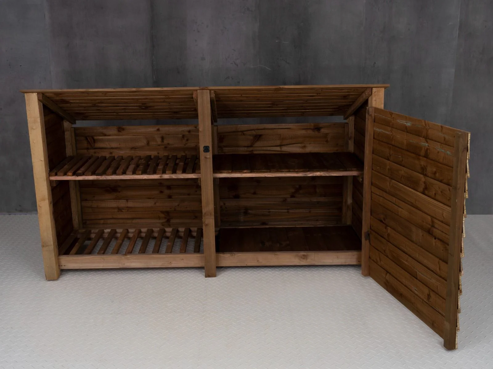 Wooden Garden Tool Storage (Roof Sloping Back) with Shelf W-227cm, H-126cm or 180cm, D-88cm - Brown Finish - Image 7
