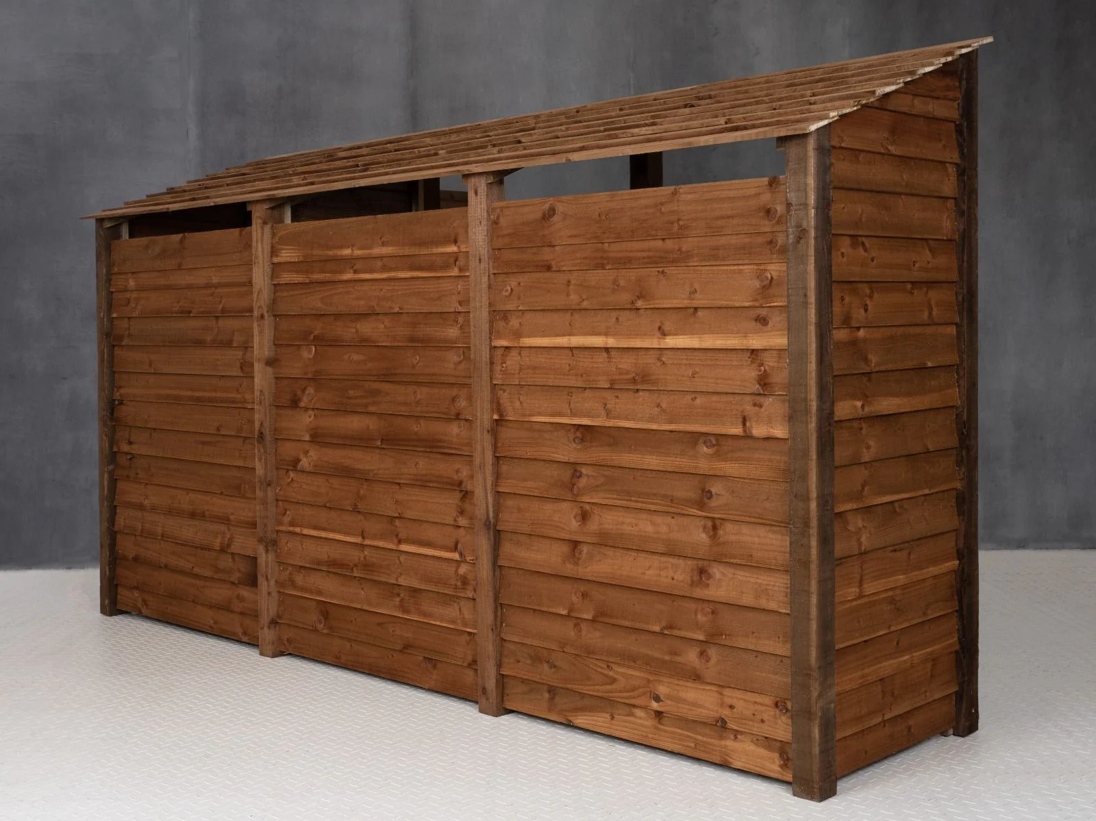 Wooden Garden Tool Storage (Roof Sloping Back) with Shelf W-335cm, H-126cm or 180cm, D-88cm - Brown Finish - Image 3