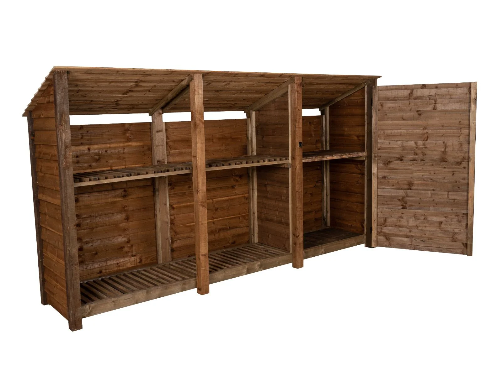 Wooden Garden Tool Storage (Roof Sloping Back) with Shelf W-335cm, H-126cm or 180cm, D-88cm - Brown Finish - Image 4