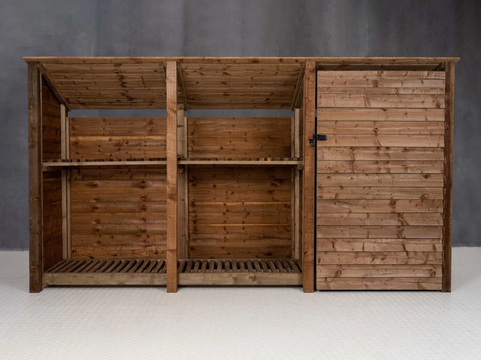 Wooden Garden Tool Storage (Roof Sloping Back) with Shelf W-335cm, H-126cm or 180cm, D-88cm - Brown Finish - Image 5