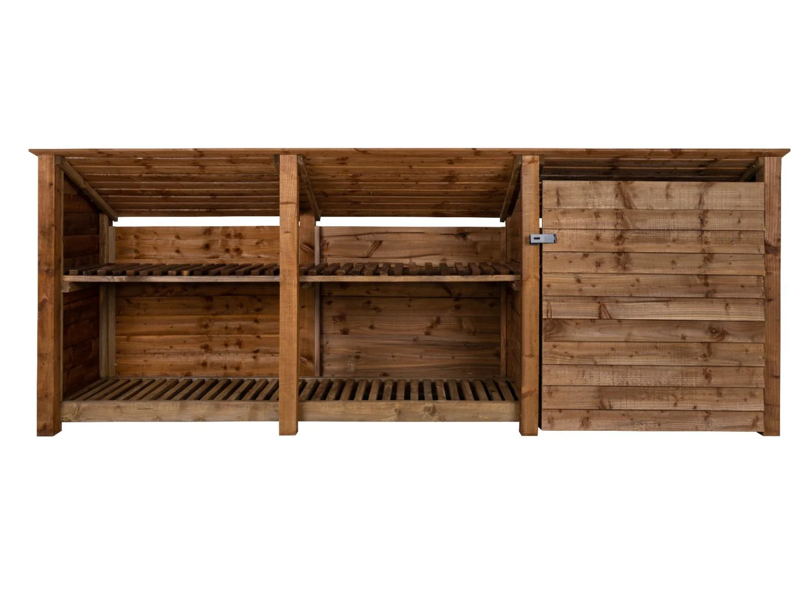 Wooden Garden Tool Storage (Roof Sloping Back) with Shelf W-335cm, H-126cm or 180cm, D-88cm - Brown Finish - Image 6