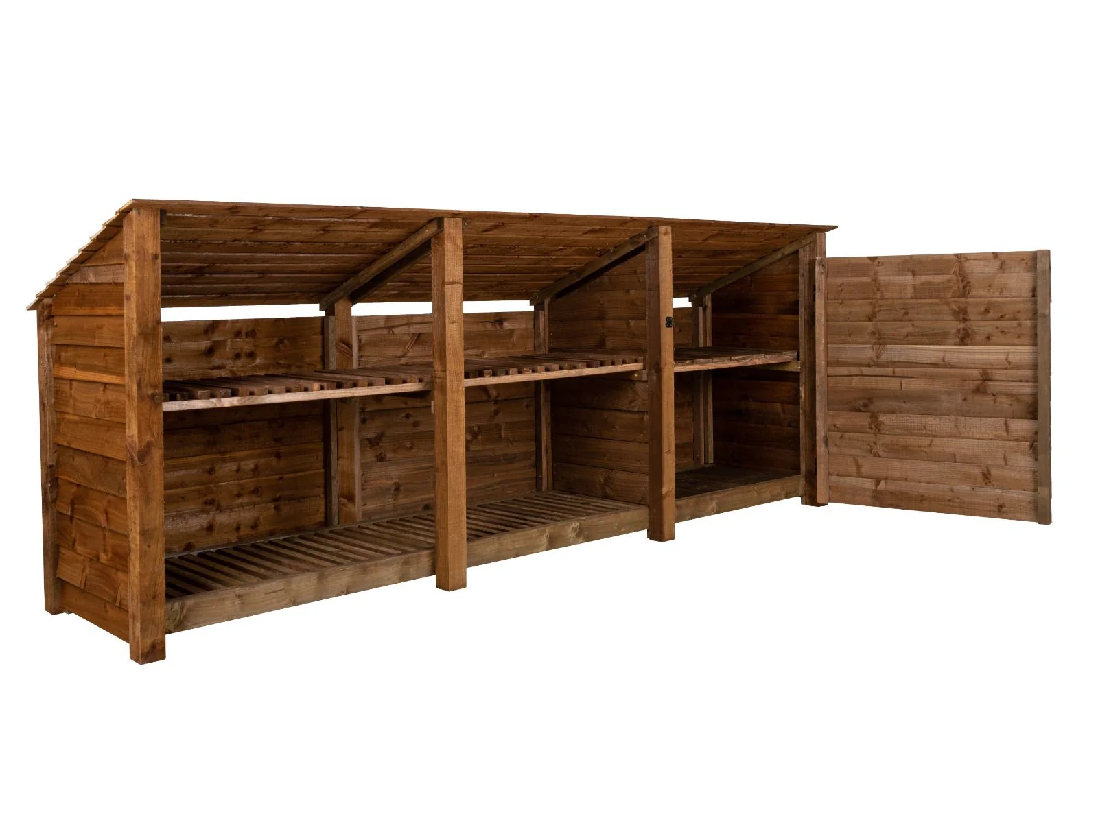 Wooden Garden Tool Storage (Roof Sloping Back) with Shelf W-335cm, H-126cm or 180cm, D-88cm - Brown Finish - Image 7