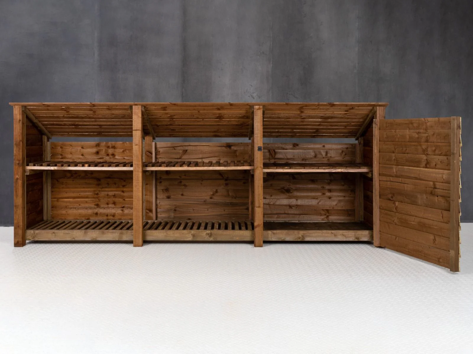 Wooden Garden Tool Storage (Roof Sloping Back) with Shelf W-335cm, H-126cm or 180cm, D-88cm - Brown Finish - Image 8