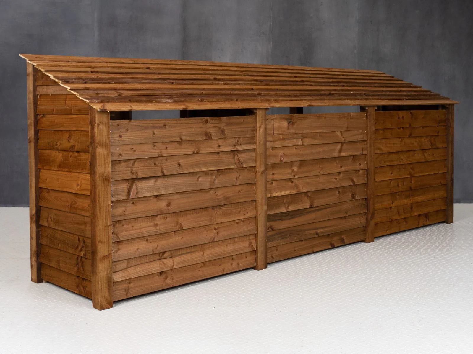 Wooden Garden Tool Storage (Roof Sloping Back) with Shelf W-335cm, H-126cm or 180cm, D-88cm - Brown Finish - Image 9