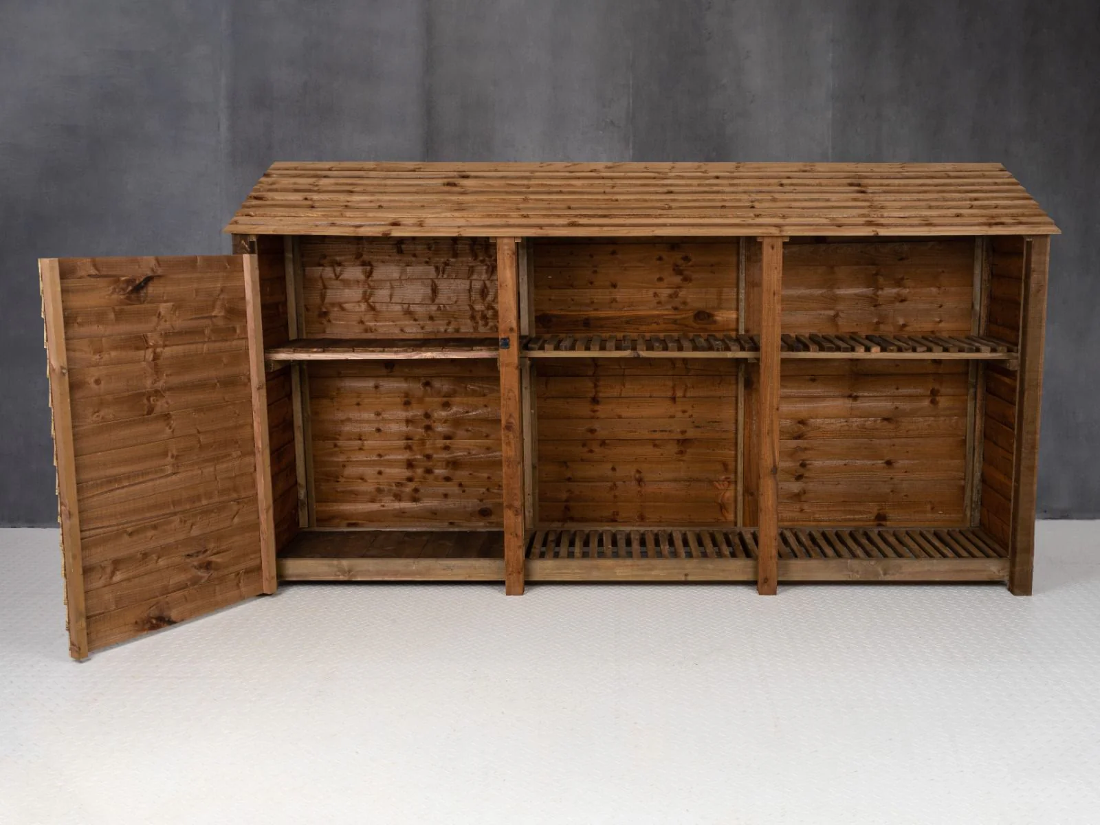 Wooden Garden Tool Storage with Shelf W-335cm, H-126cm or 180cm, D-88cm - Brown Finish - Image 5