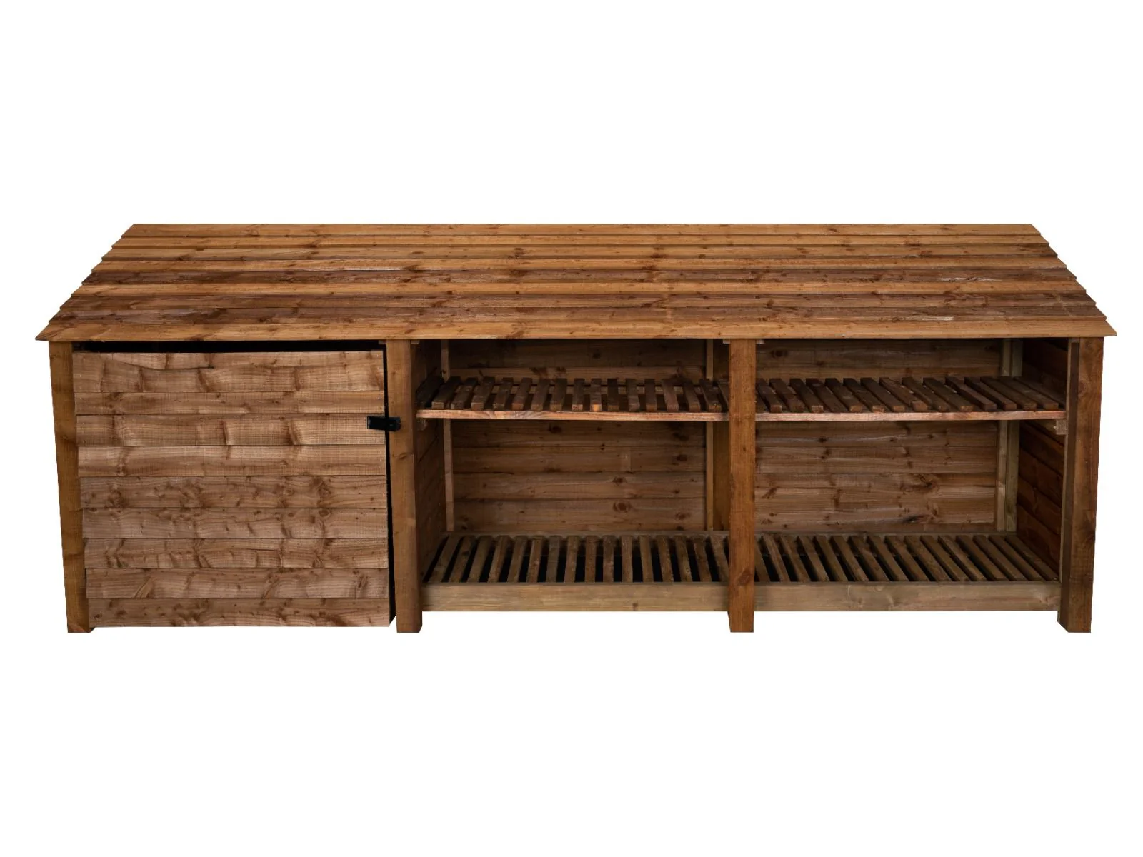 Wooden Garden Tool Storage with Shelf W-335cm, H-126cm or 180cm, D-88cm - Brown Finish - Image 6
