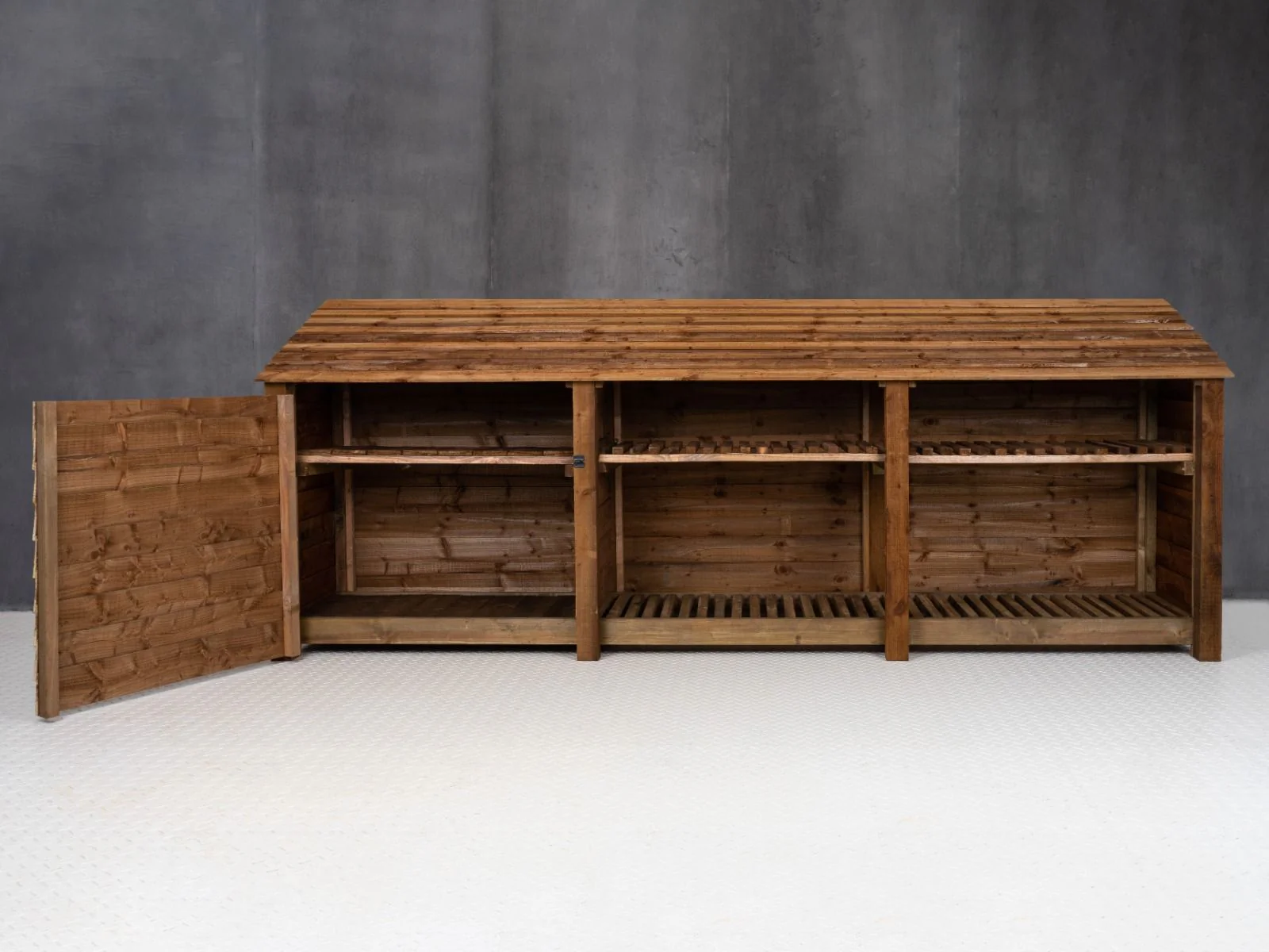 Wooden Garden Tool Storage with Shelf W-335cm, H-126cm or 180cm, D-88cm - Brown Finish - Image 7