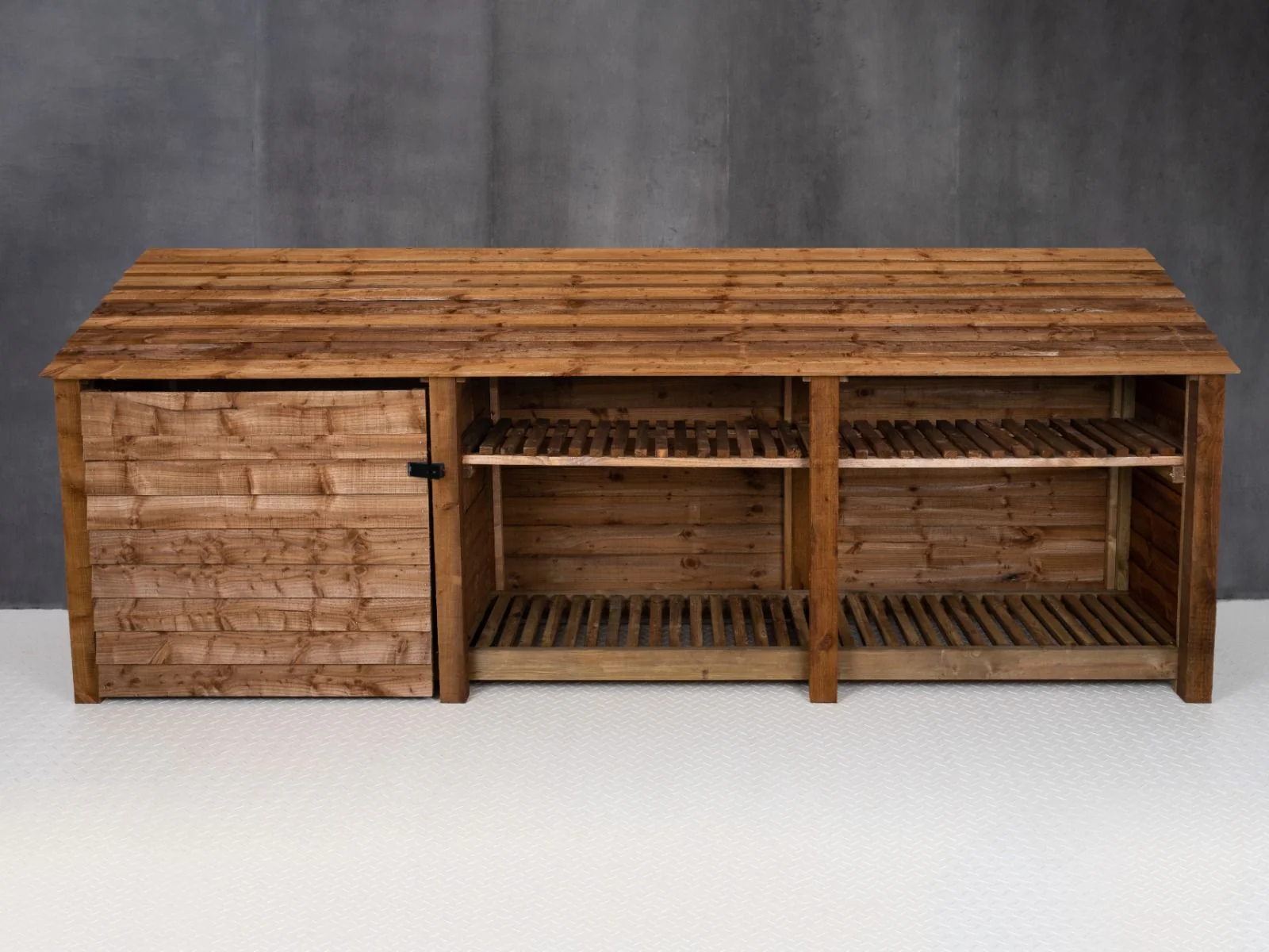 Wooden Garden Tool Storage with Shelf W-335cm, H-126cm or 180cm, D-88cm - Brown Finish - Image 8