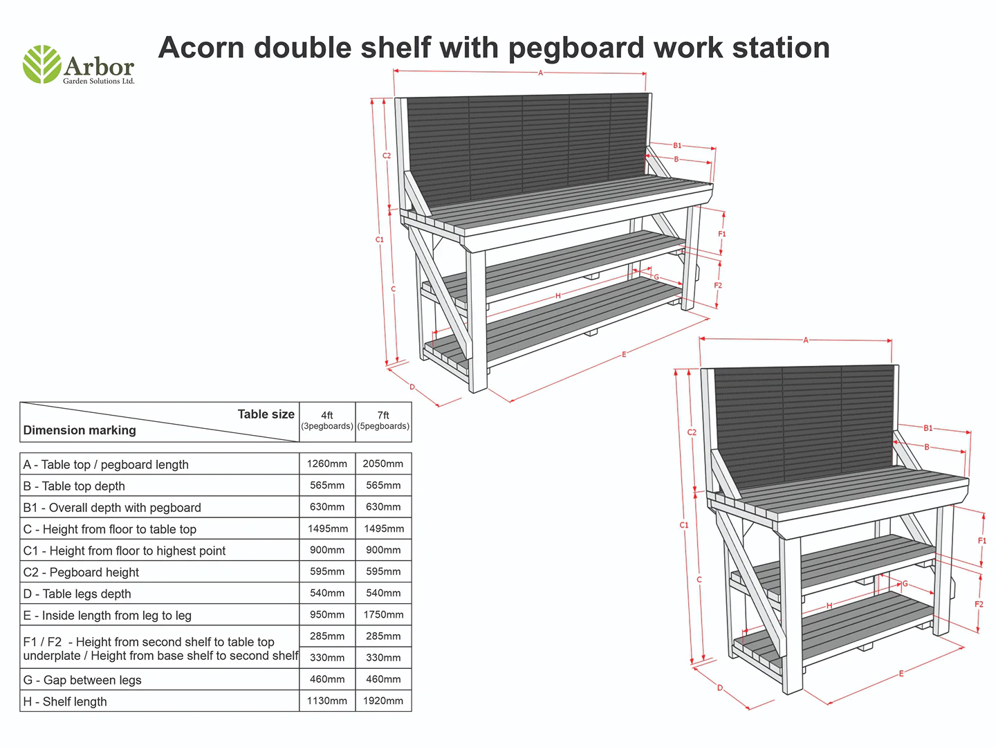 Wooden Kiln-dry Workbench With Peg Board with Double Shelf - Image 3