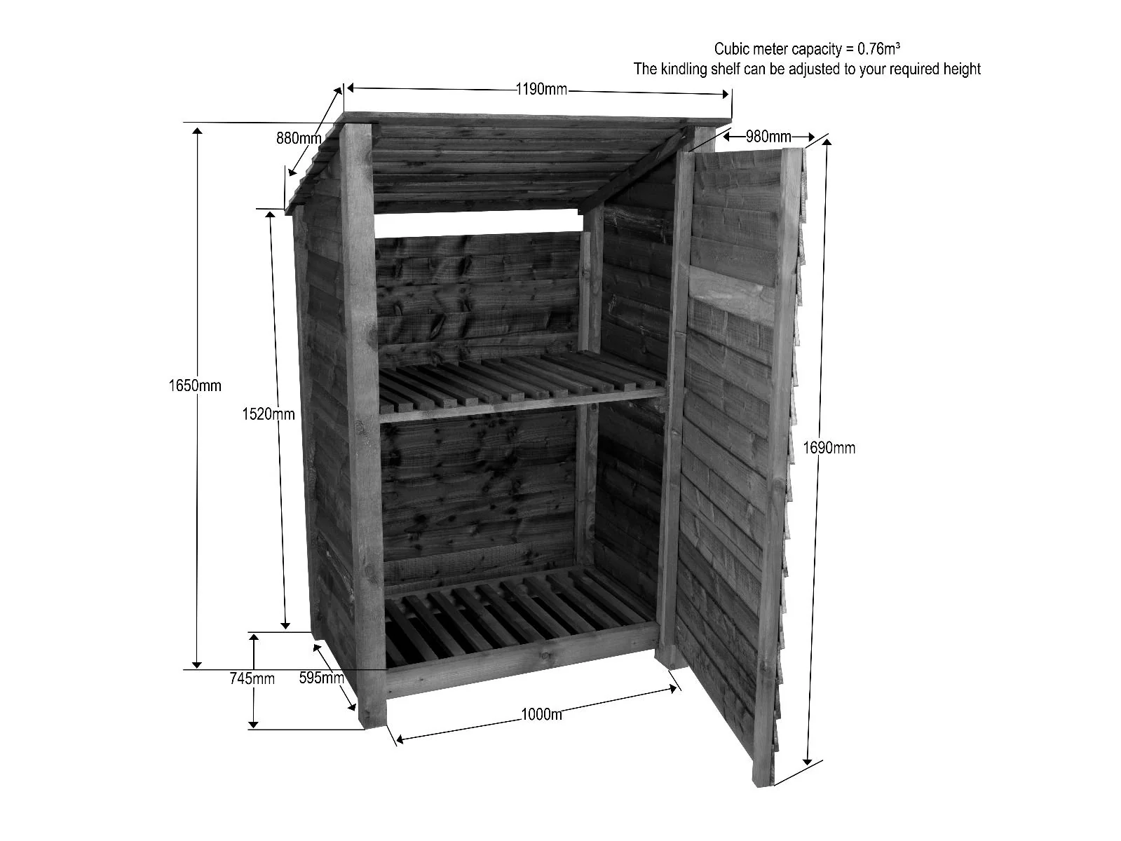 Wooden Log Store (Roof Sloping Back) with Door and Shelf W-119cm, H-126cm Or 180cm, D-88cm - Image 3
