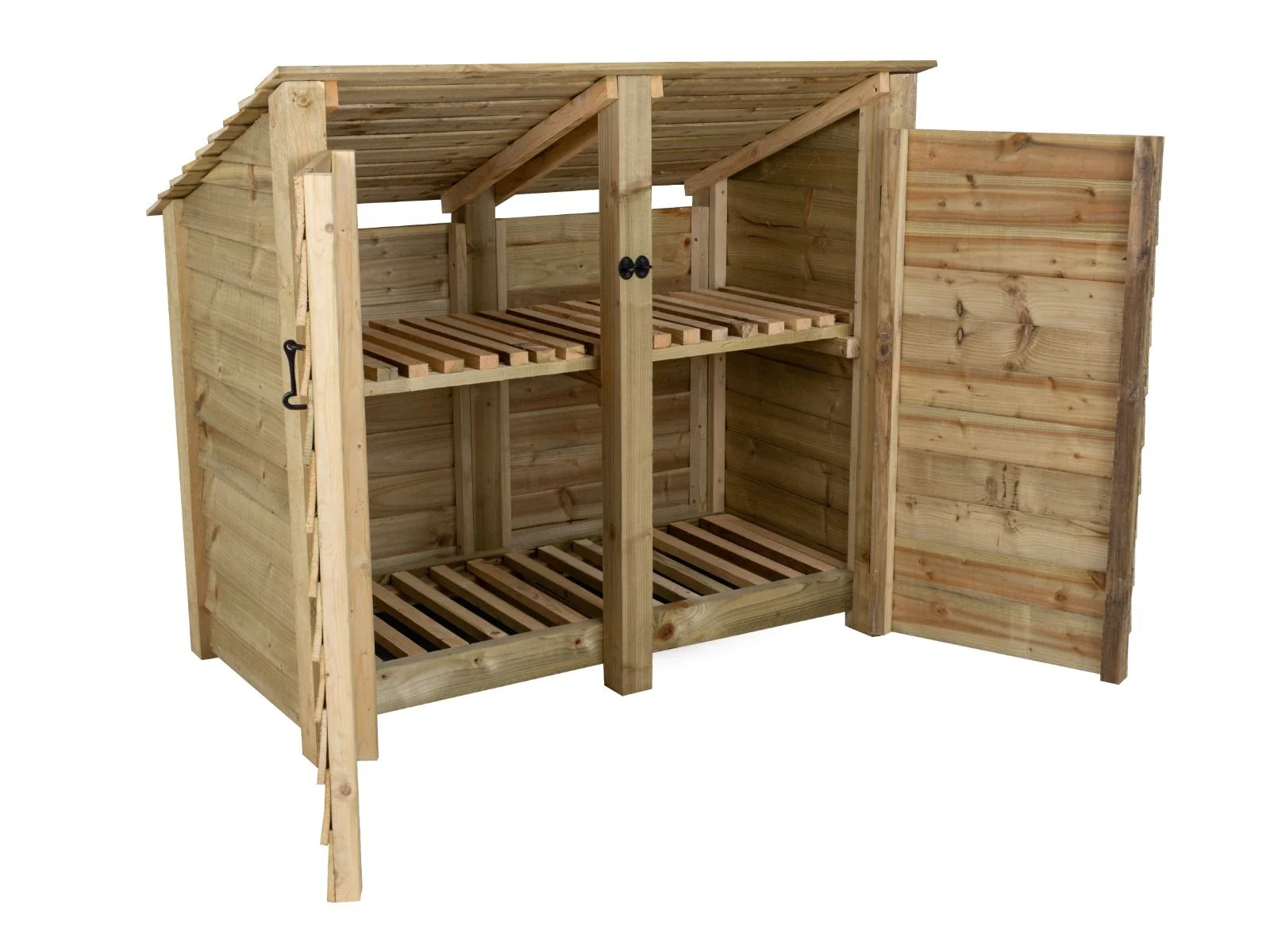 Wooden Log Store (Roof Sloping Back) with Door and Shelf W-146cm, H-126cm or 180cm, D-88cm - Image 3