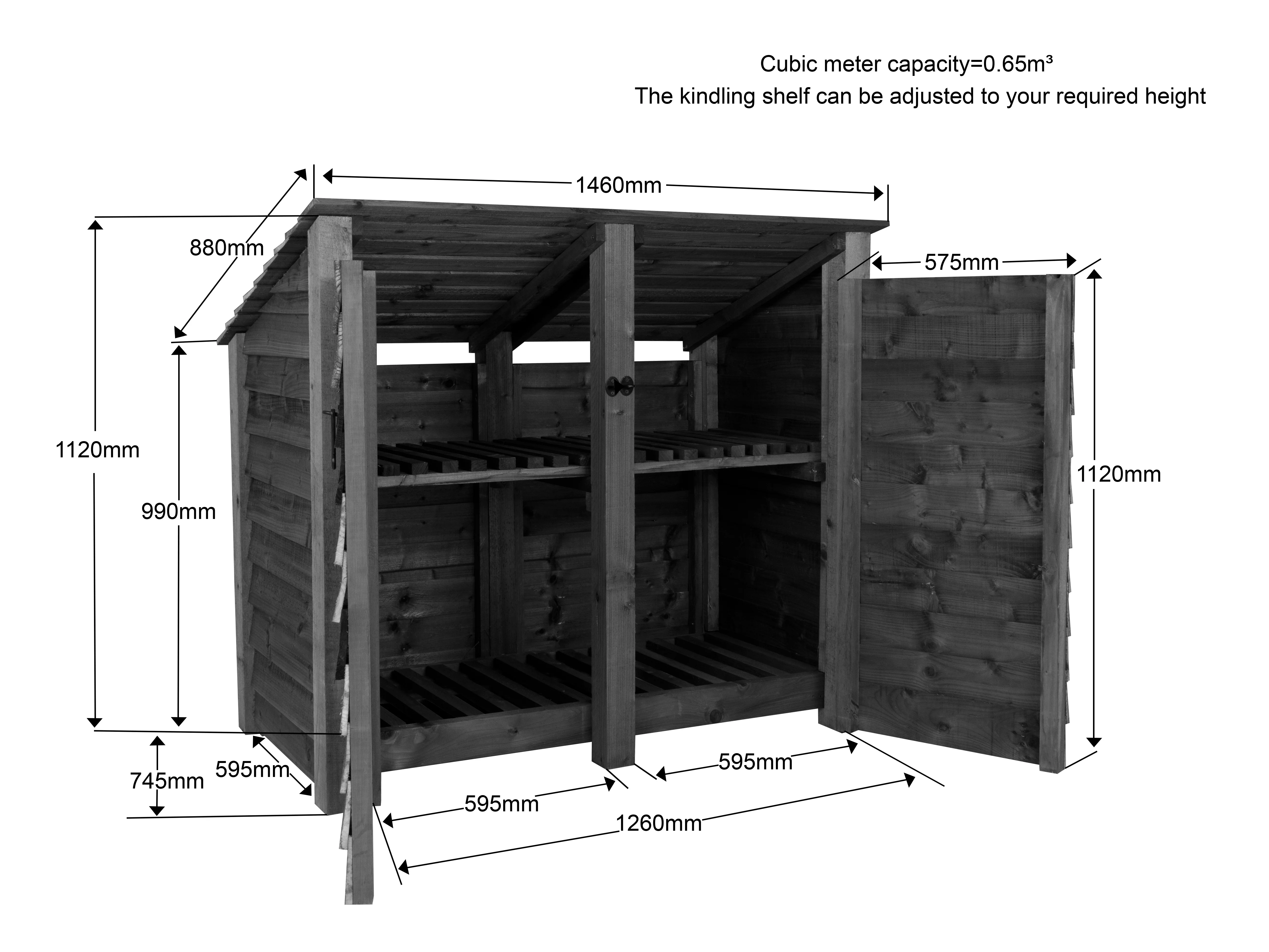 Wooden Log Store (Roof Sloping Back) with Door and Shelf W-146cm, H-126cm or 180cm, D-88cm - Image 6