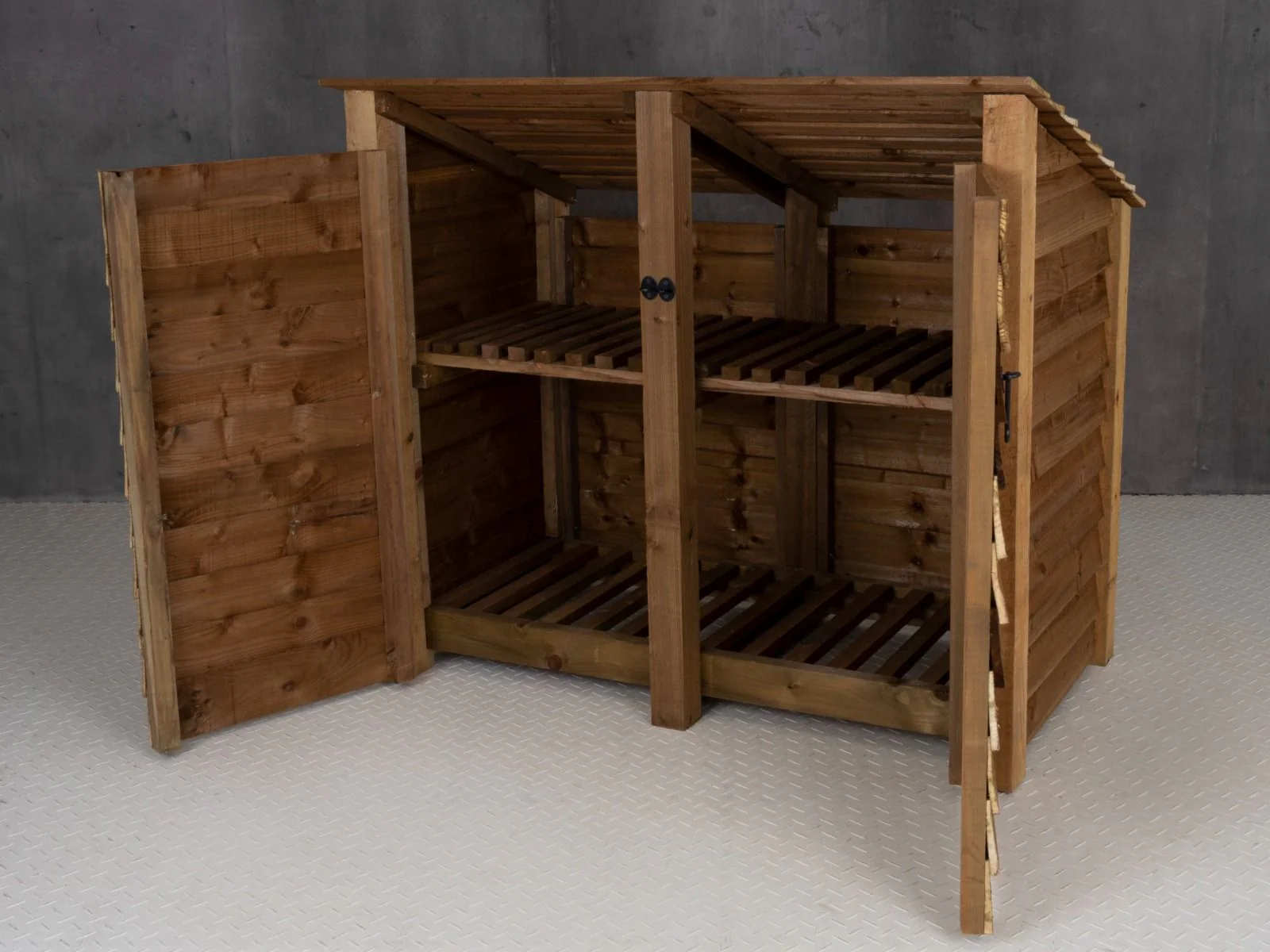 Wooden Log Store (Roof Sloping Back) with Door and Shelf W-146cm, H-126cm or 180cm, D-88cm - Brown Finish - Image 6
