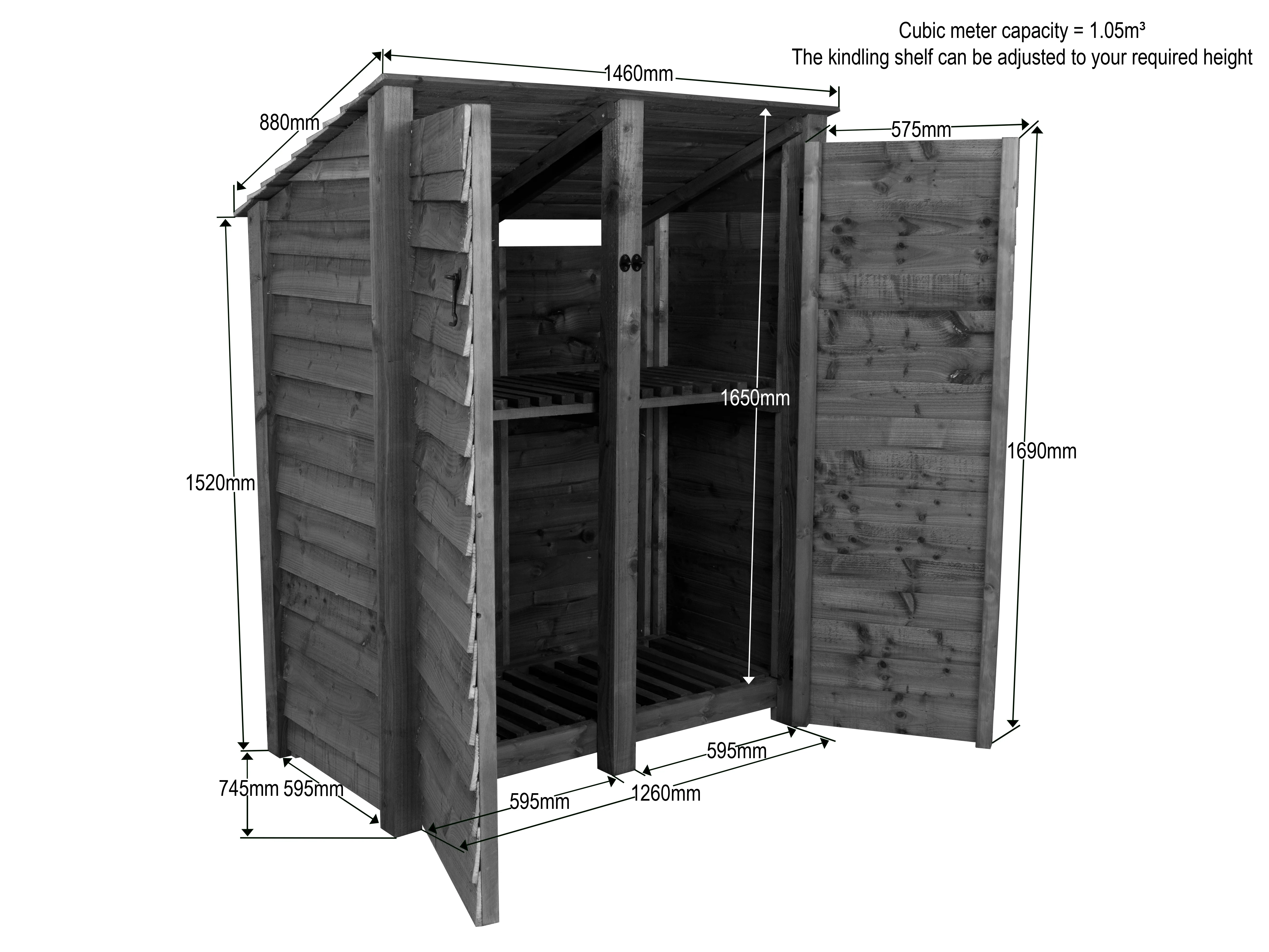 Wooden Log Store (Roof Sloping Back) with Door and Shelf W-146cm, H-126cm or 180cm, D-88cm - Brown Finish - Image 8