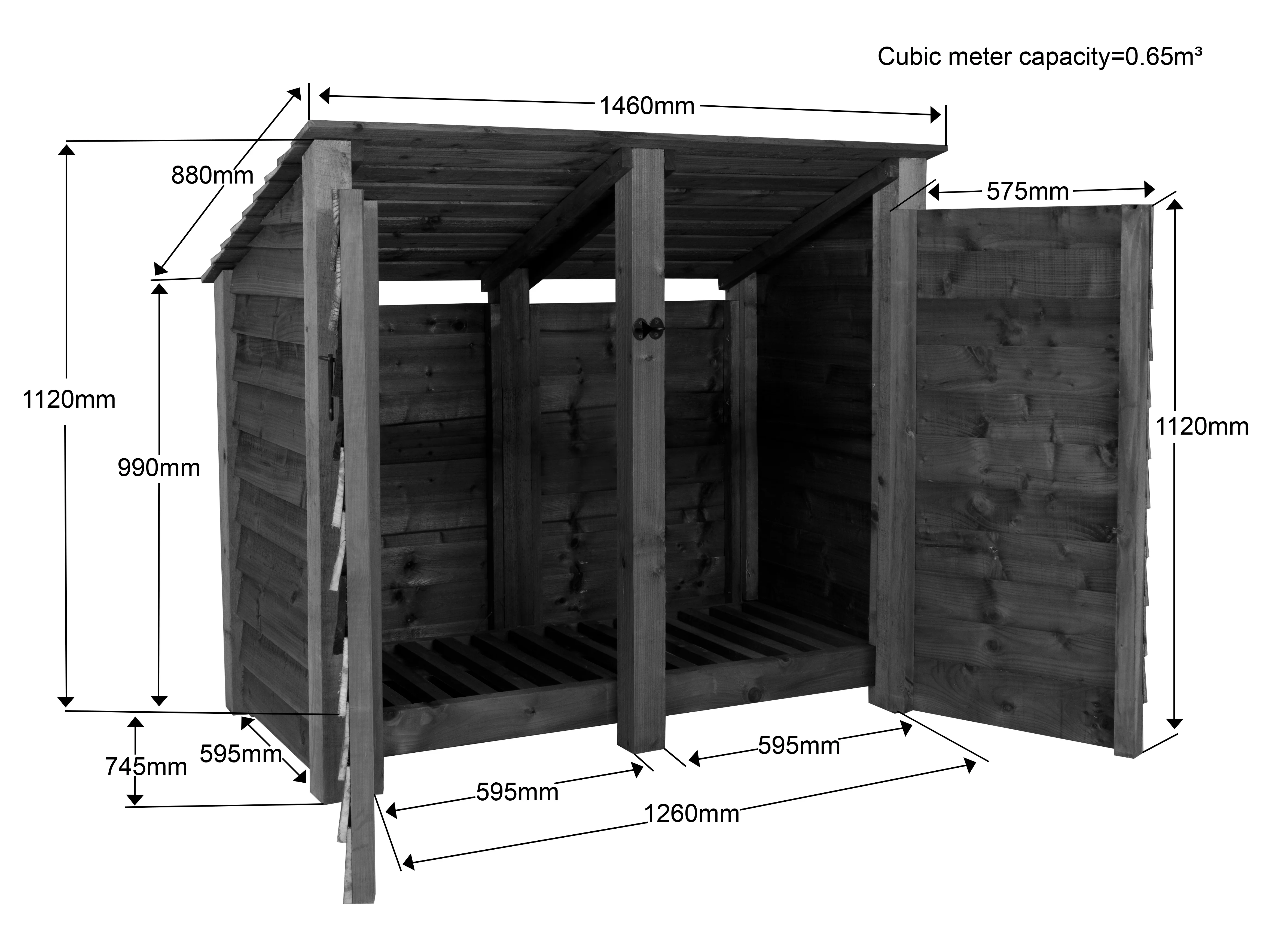 Wooden Log Store (Roof Sloping Back) with Door W-146cm, H-126cm or 180cm, D-88cm - Image 6
