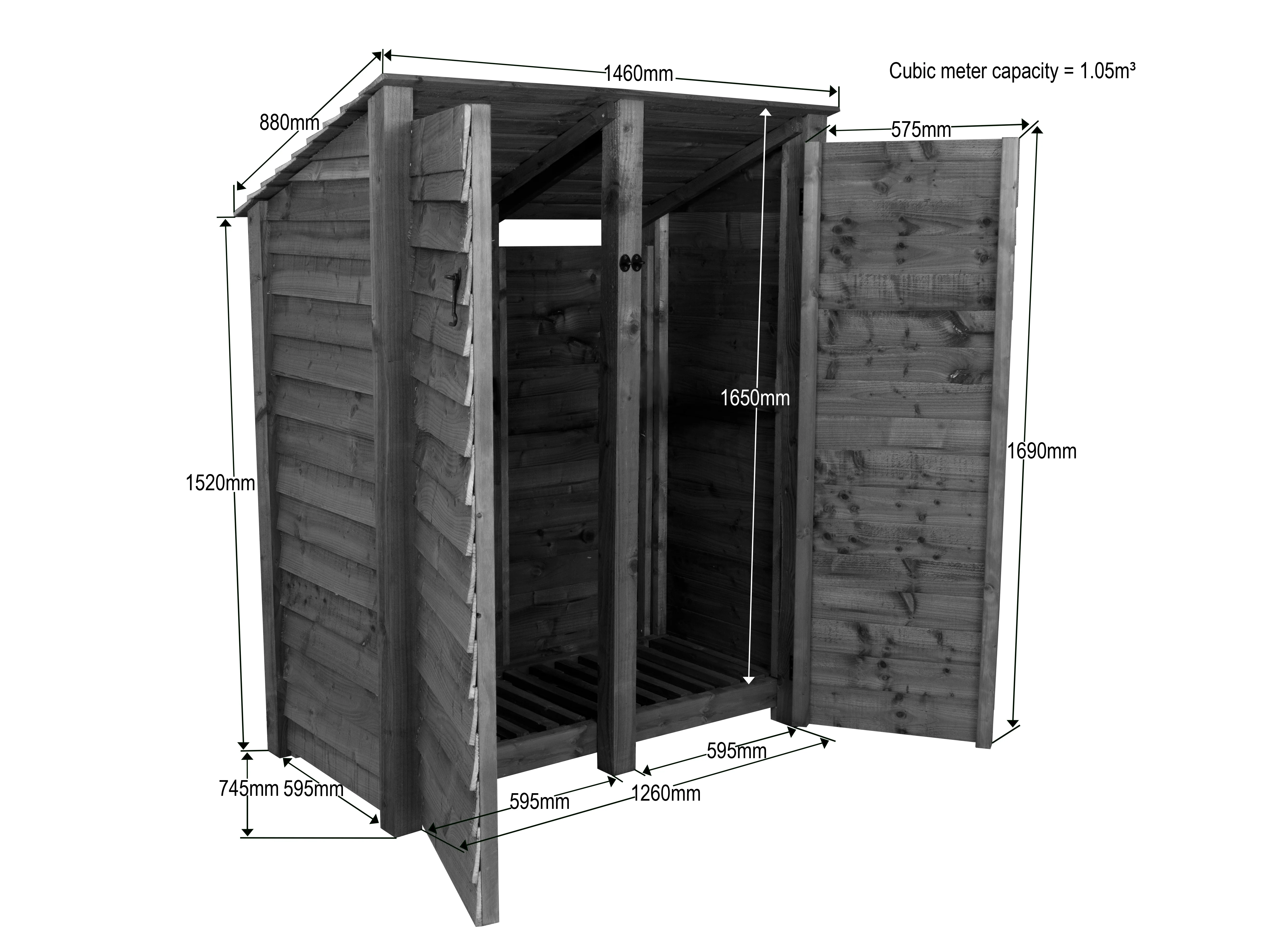 Wooden Log Store (Roof Sloping Back) with Door W-146cm, H-126cm or 180cm, D-88cm - Image 7