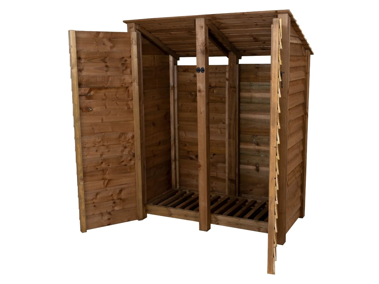 Wooden Log Store (Roof Sloping Back) with Door W-146cm, H-126cm or 180cm, D-88cm - Brown Finish - Image 3