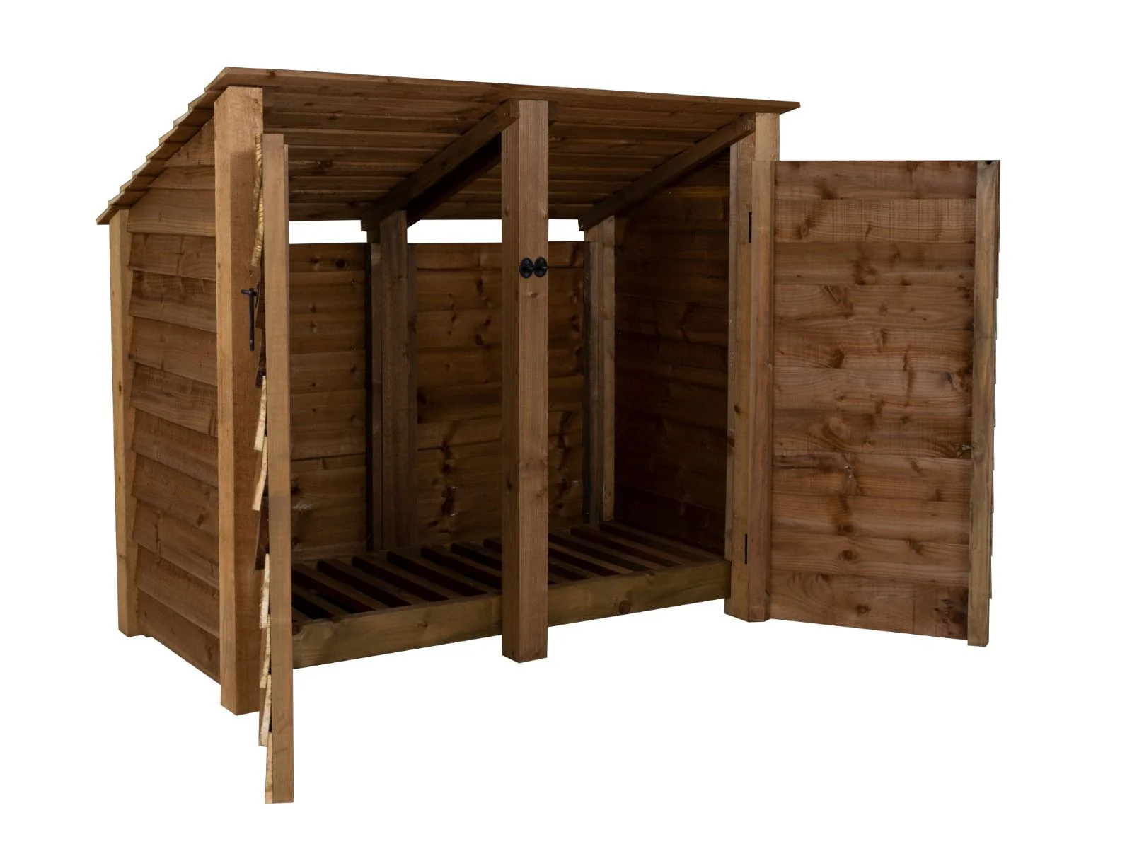 Wooden Log Store (Roof Sloping Back) with Door W-146cm, H-126cm or 180cm, D-88cm - Brown Finish - Image 4