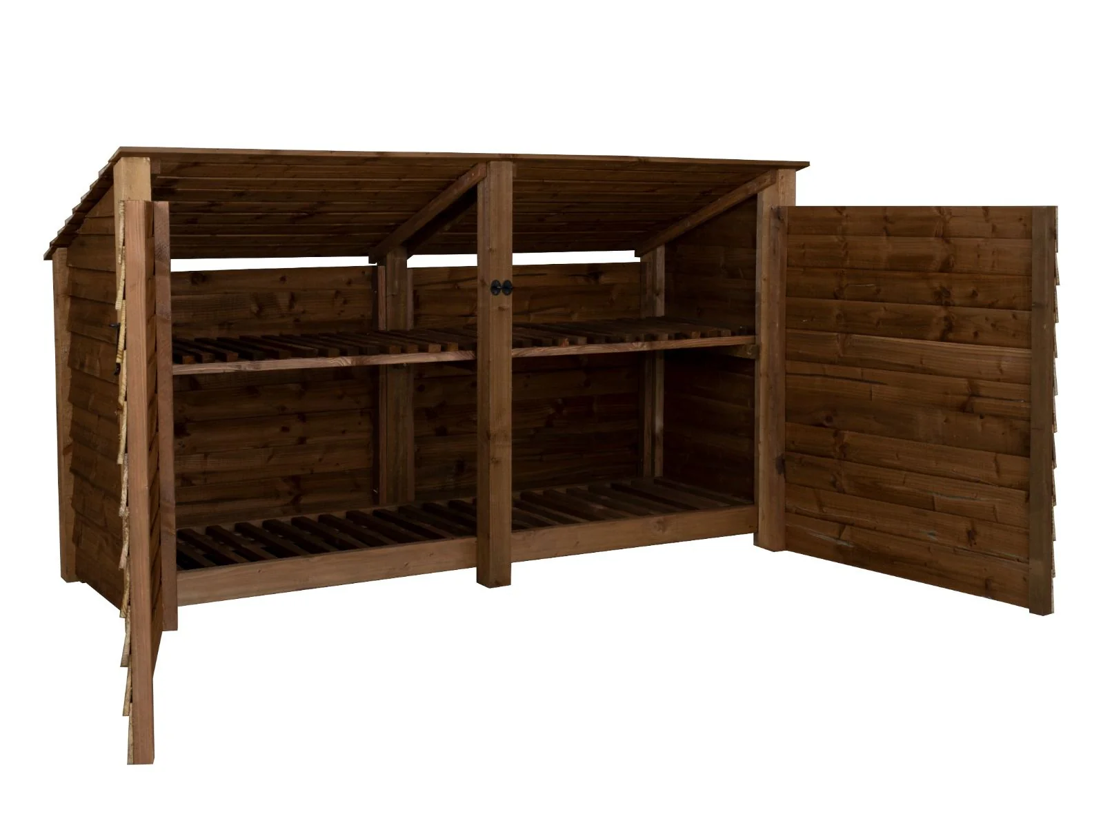 Wooden Log Store (Roof Sloping Back) with Doors and Shelf W-227cm, H-126cm or 180cm, D-88cm - Brown Finish - Image 4