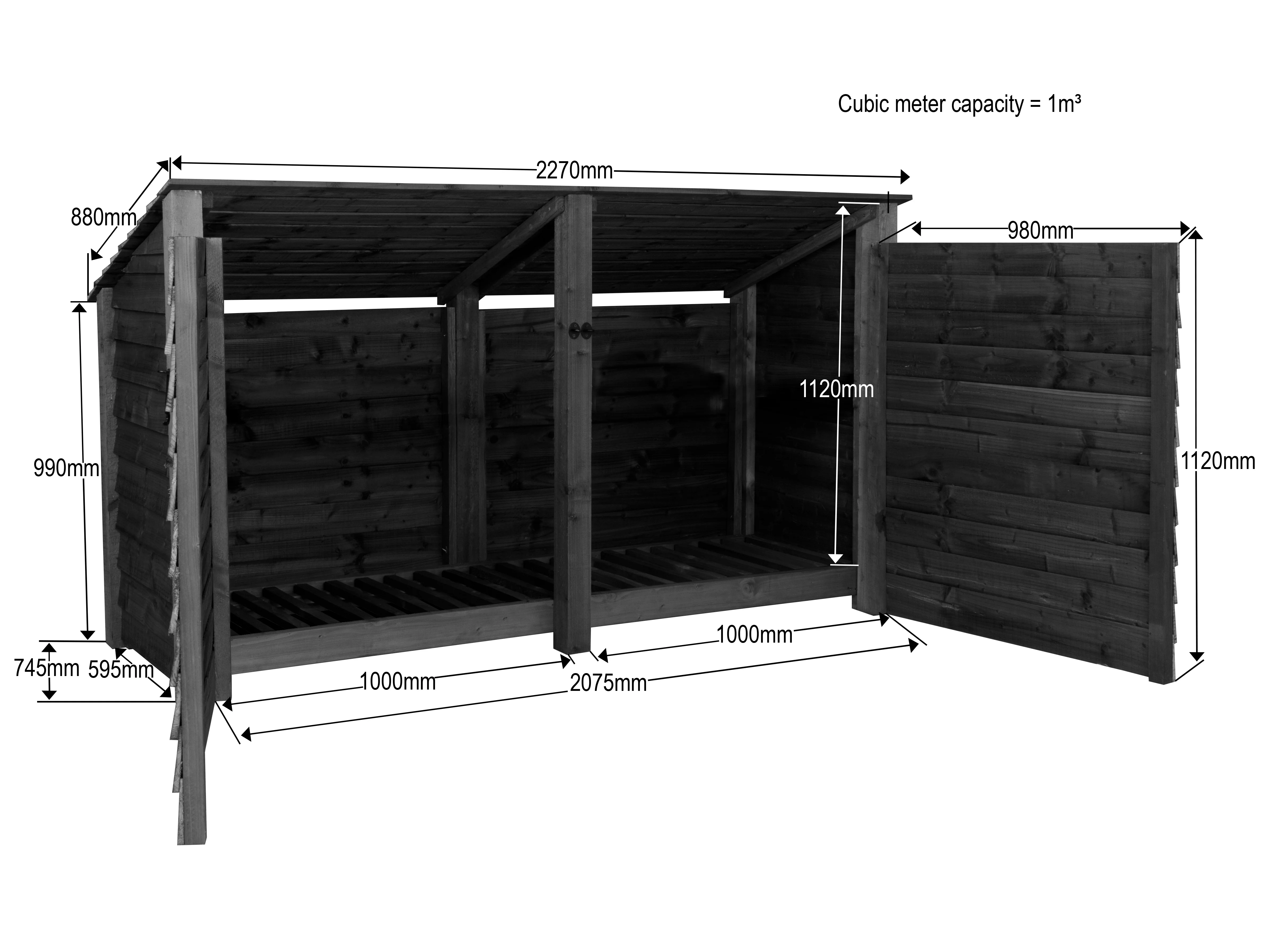 Wooden Log Store (Roof Sloping Back) with Doors W-227cm, H-126cm or 180cm, D-88cm - Image 10