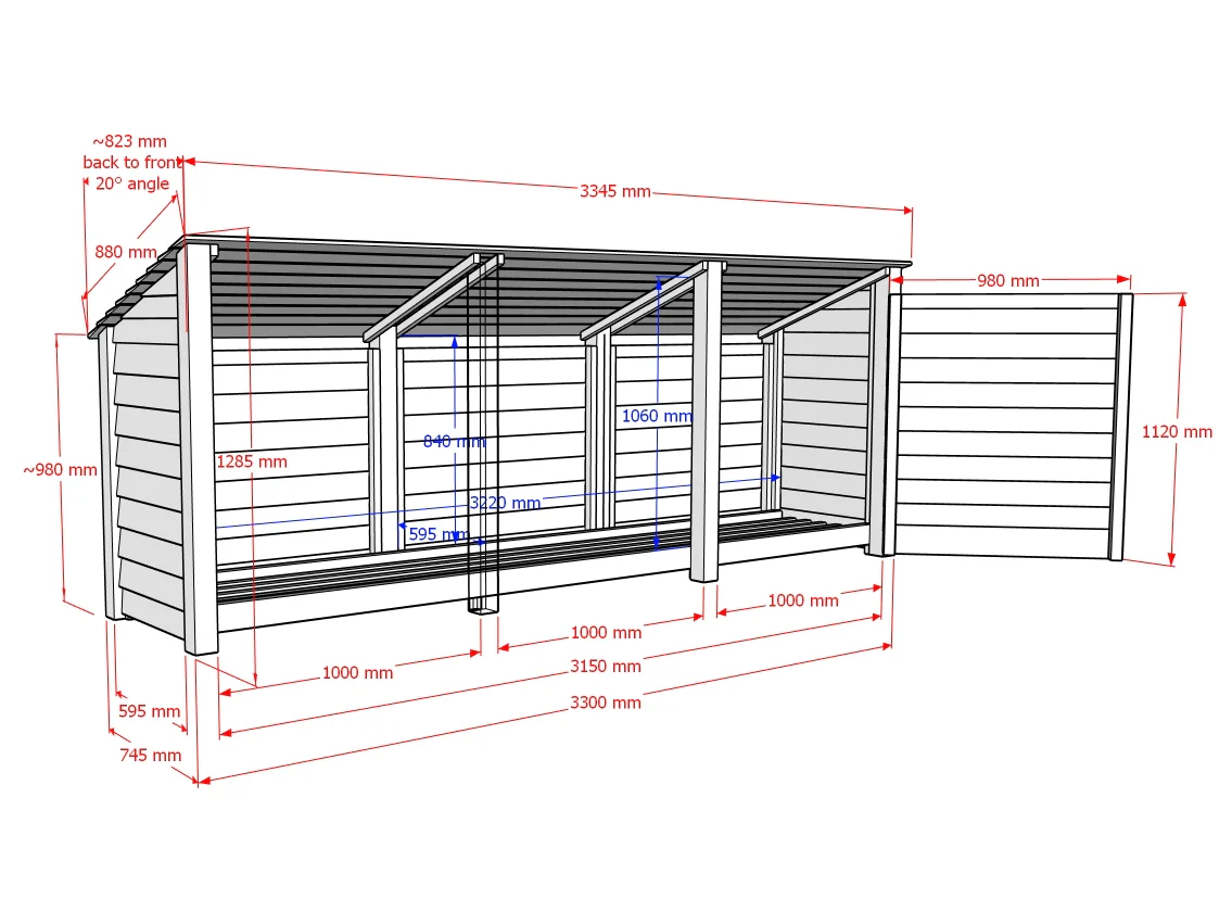 Wooden Log Store (Roof Sloping Back) with Doors W-335cm, H-126cm or 180cm, D-88cm - Image 11