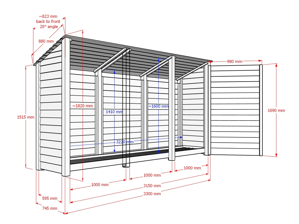 Wooden Log Store (Roof Sloping Back) with Doors W-335cm, H-126cm or 180cm, D-88cm - Brown Finish - Image 10
