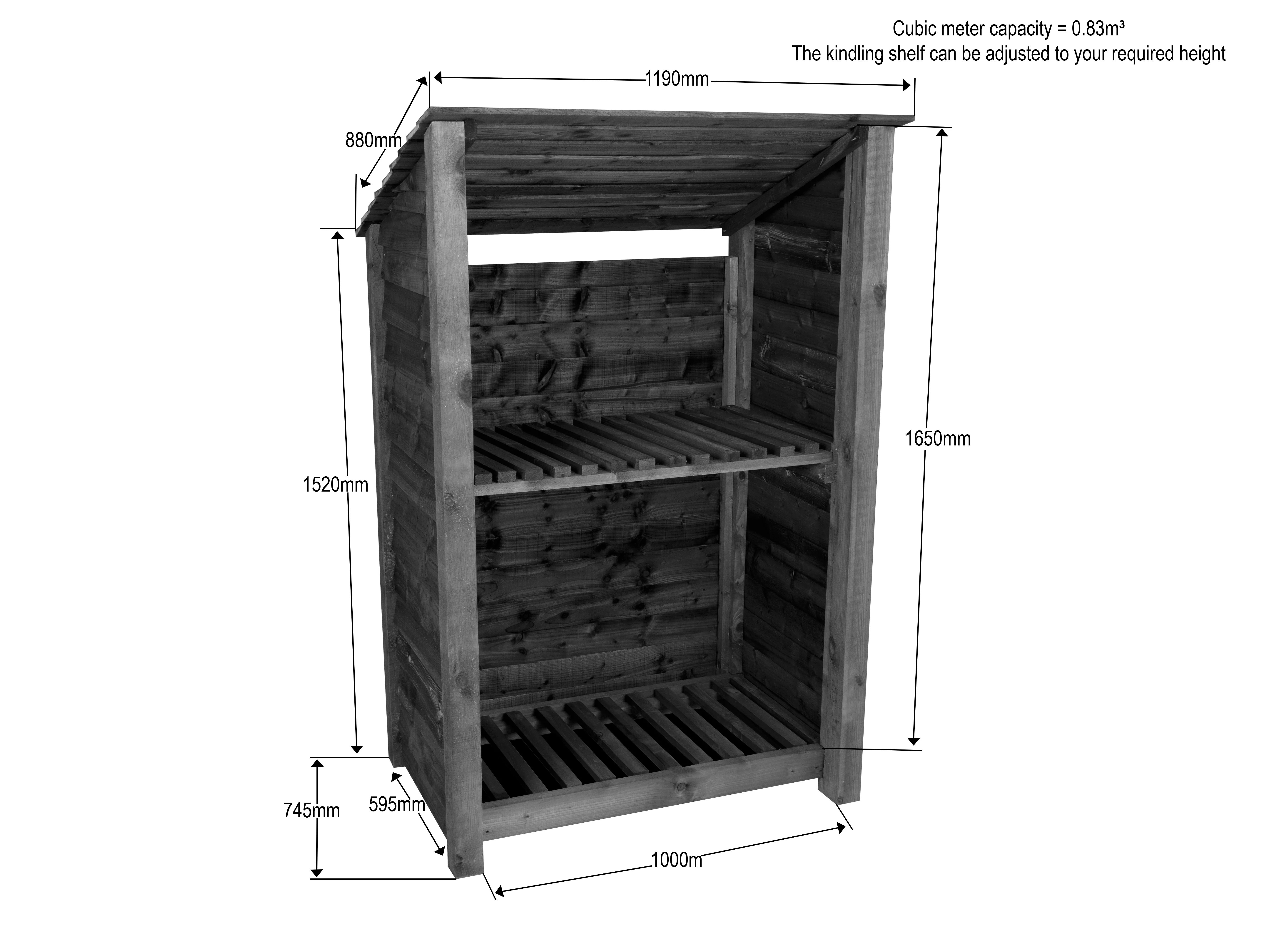 Wooden Log Store (Roof Sloping Back) with Shelf W-119cm, H-126cm Or 180cm, D-88cm - Image 3