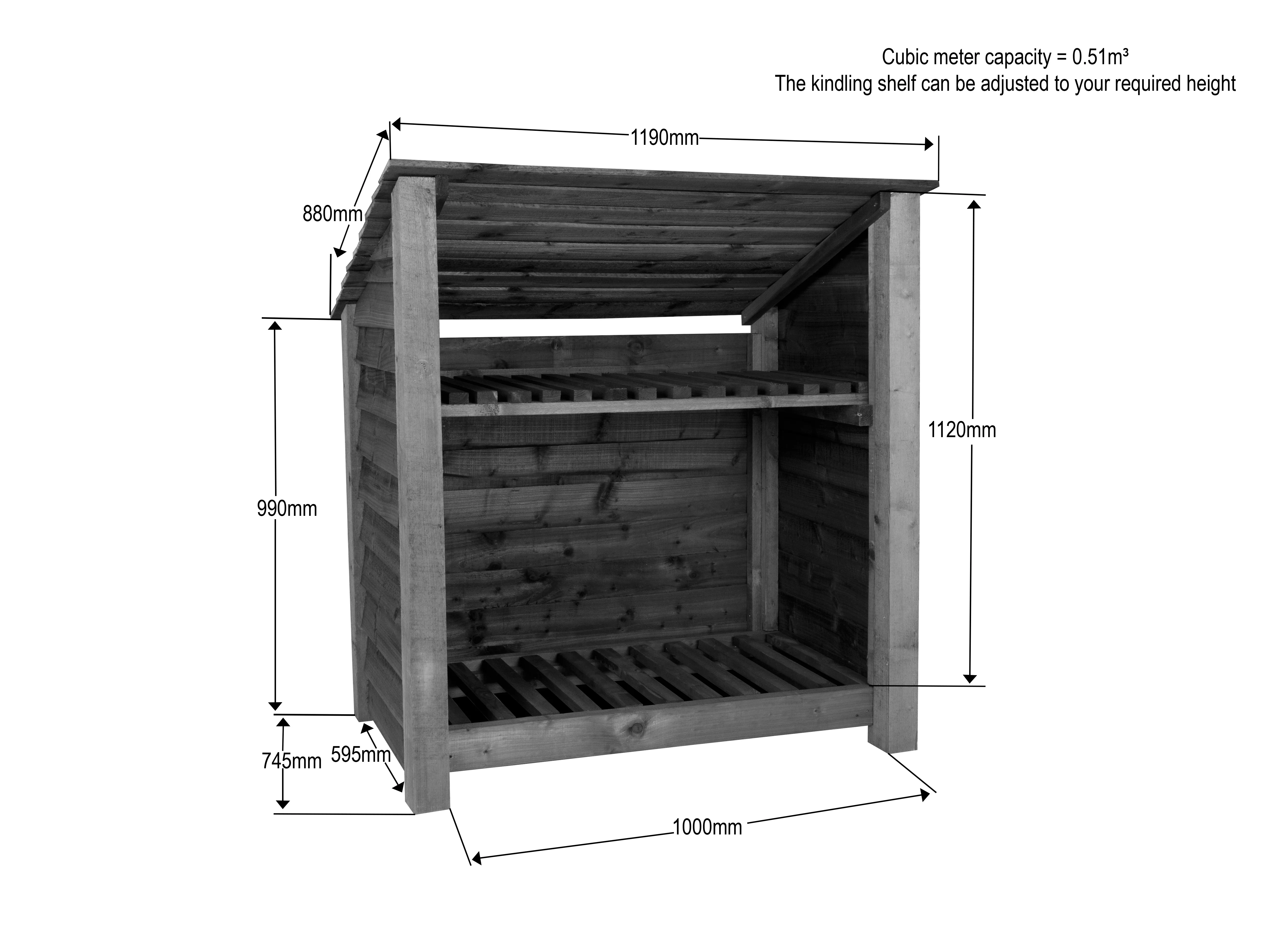 Wooden Log Store (Roof Sloping Back) with Shelf W-119cm, H-126cm Or 180cm, D-88cm - Image 4